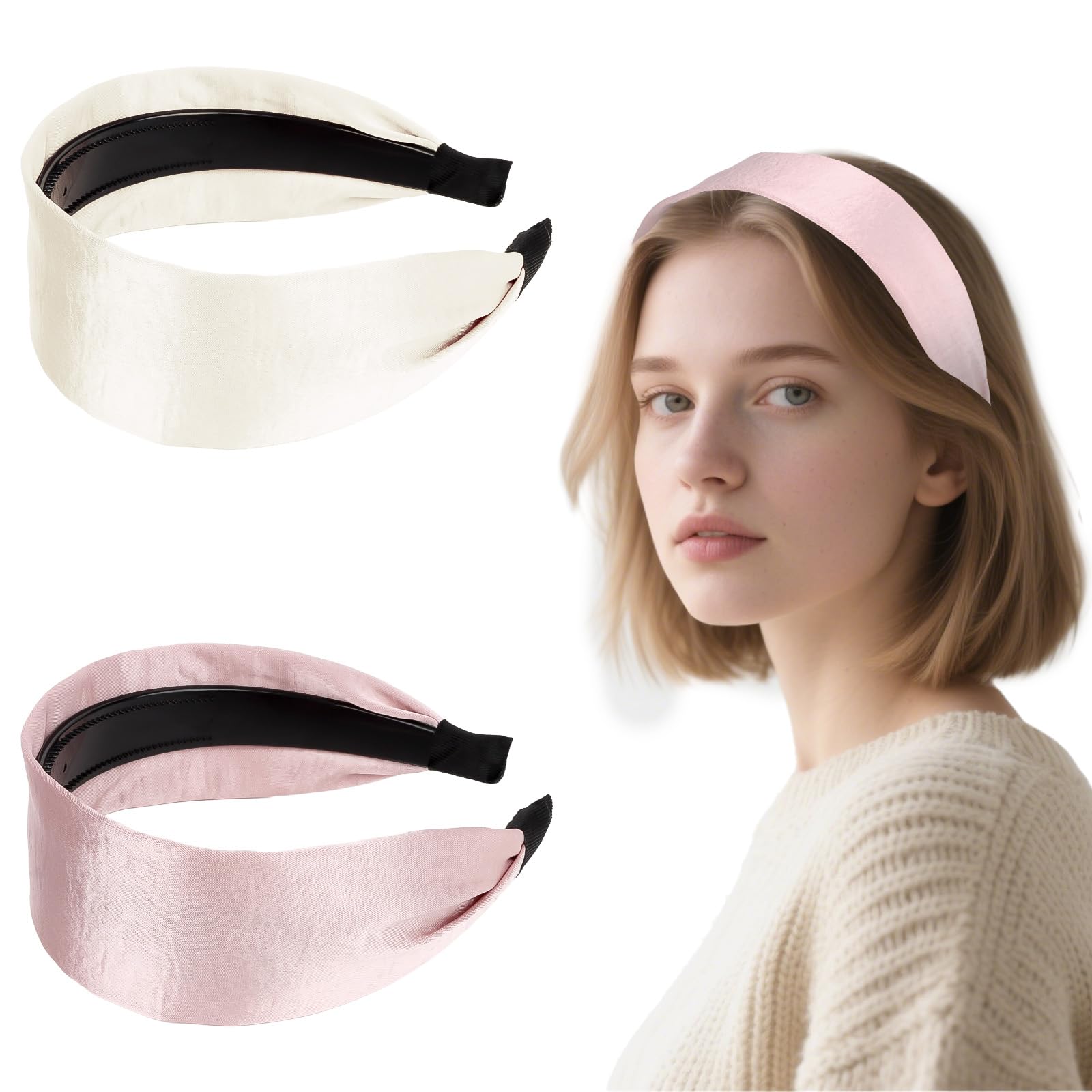 Luixenir 2 Pcs Wide Headbands Silk Satin Headbands with Inner Teeth Solid Color Non-slip Ladies Hairbands Hair Accessories for Women Girls