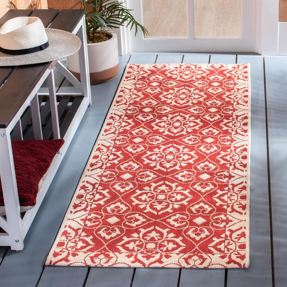 SAFAVIEH Washable Rug Outdoor Courtyard Collection - 2'3" x 6'7" Runner, Red & Cream, Non-Shedding & Easy Cleaning, Ideal for Patio, Entryway, Mudroom, Hallway, Kitchen (CY6550-28)
