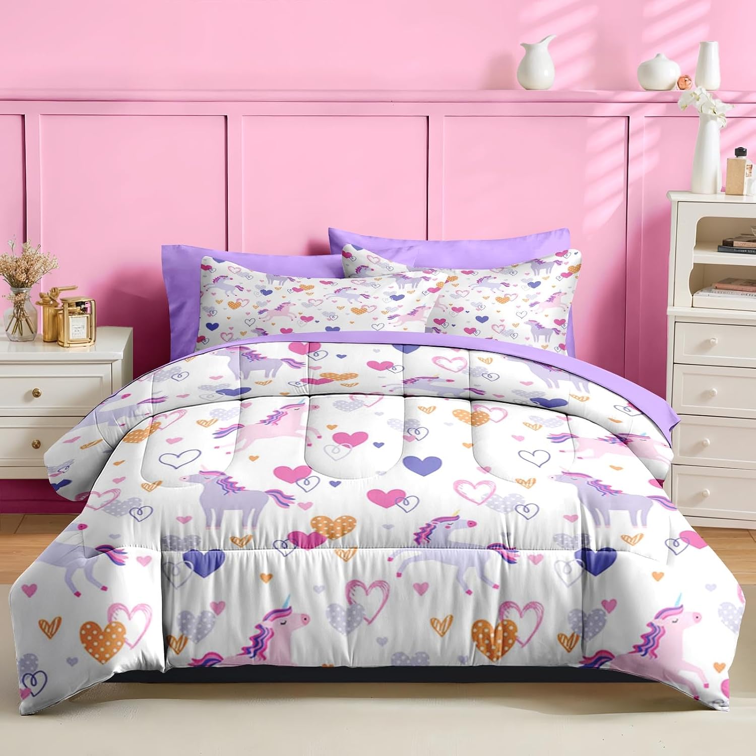 Nesker Uincorn Comforter Set Twin Size, 5 Pieces Bed in a Bag, Purple Unicorn Bedding Set for Girls, Cute Hearts Comforter Set with 1 Pillowcase & 1 Sham