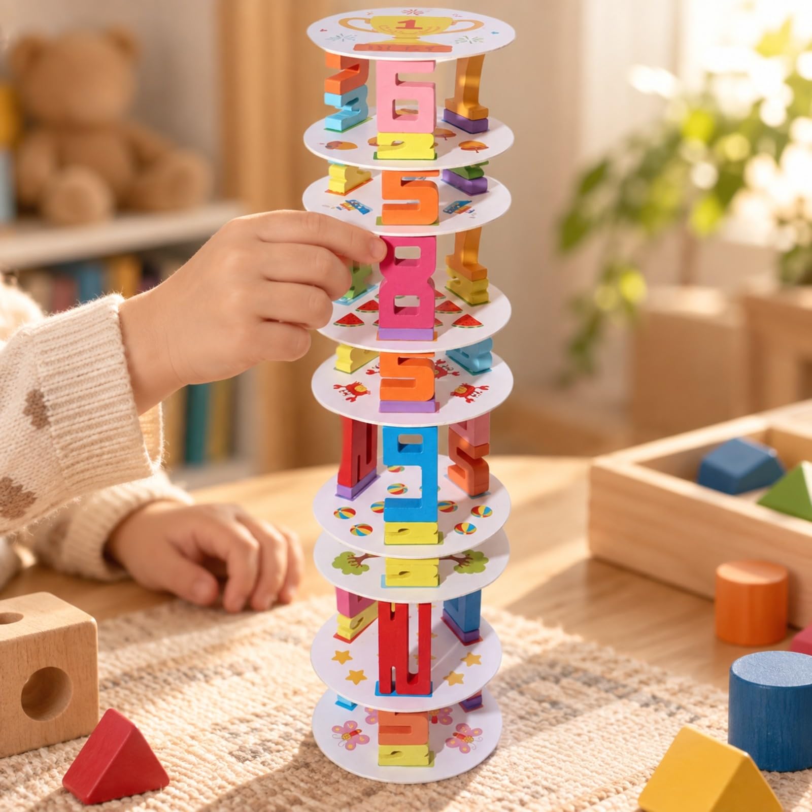 Gioco di Impilamento di Numeri con Piattaforme e Carte Aritmetiche Colorato Torre Equilibrio con Blocchi Numerici Interattivo Giocattolo per Asilo