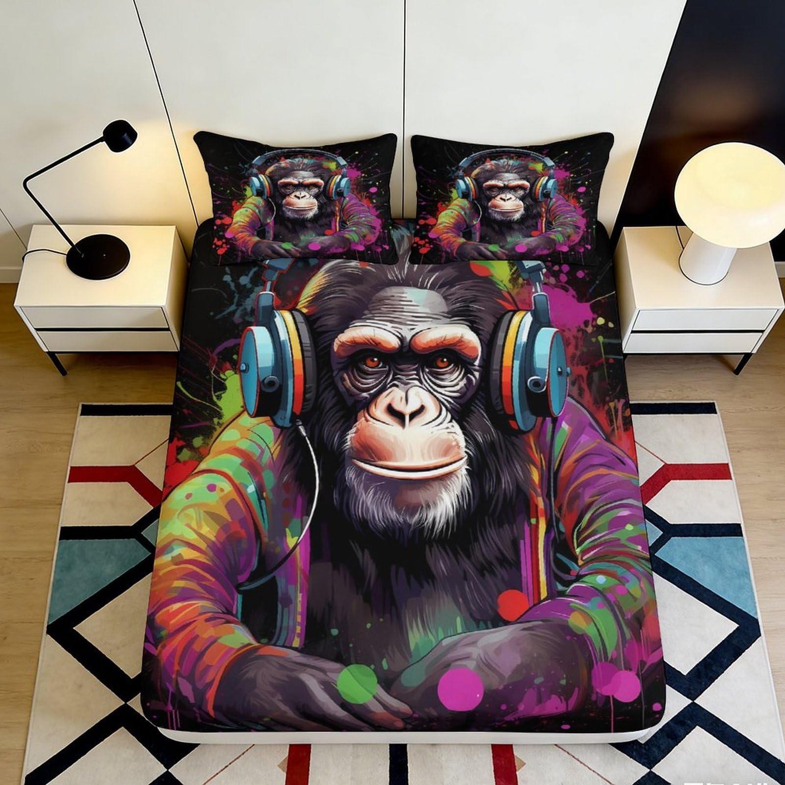 3D Printed Graffiti Headphone Monkey Fitted Sheet Microfiber Bed Cover Vibrant Art for Bedroom Dorm Mattress Decor 200x200x25cm