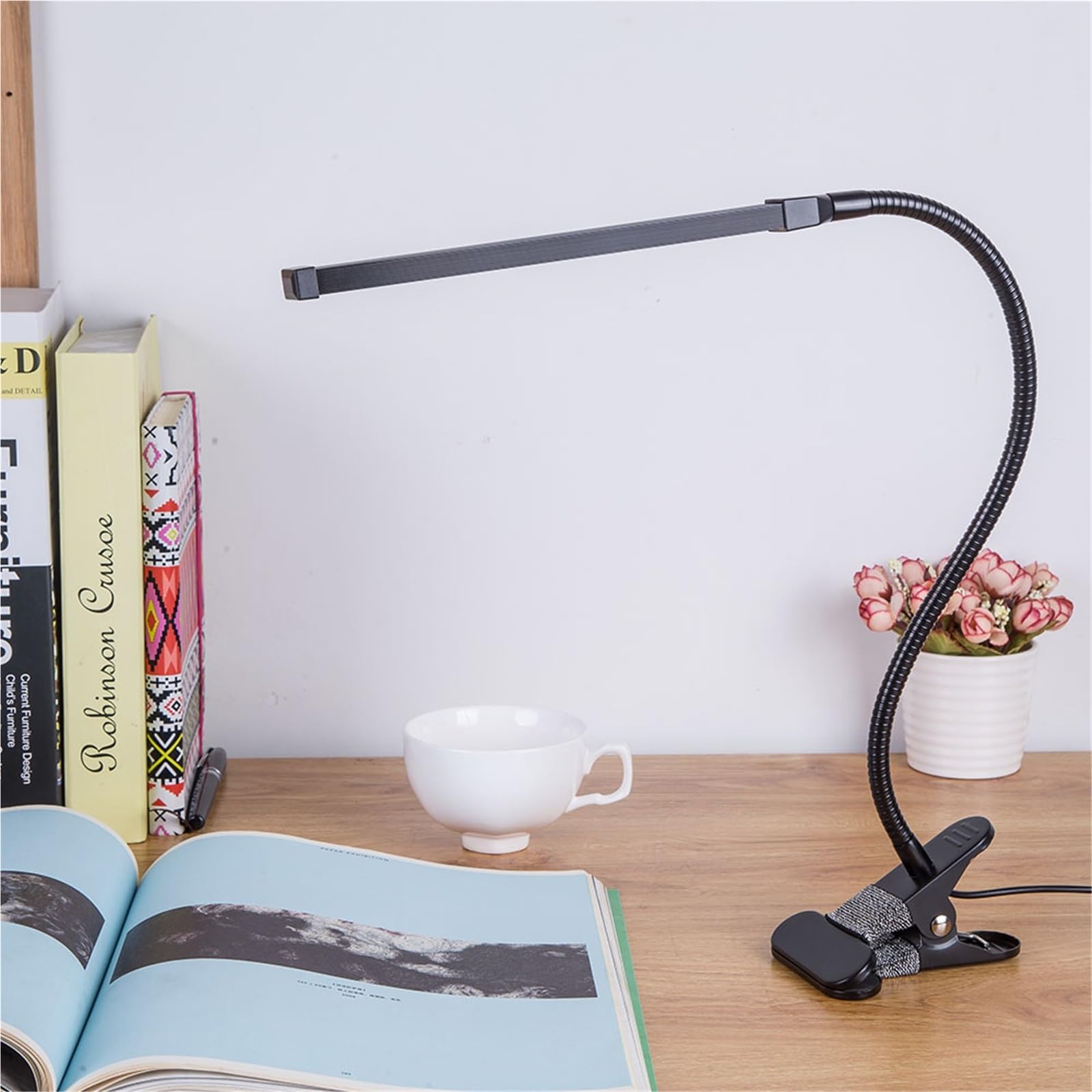 Luminosa lampada LED USB da 6 W con clip flessibile da lettura, lampada da tavolo da scrivania, lampada da letto, illuminazione da comodino (bianco)