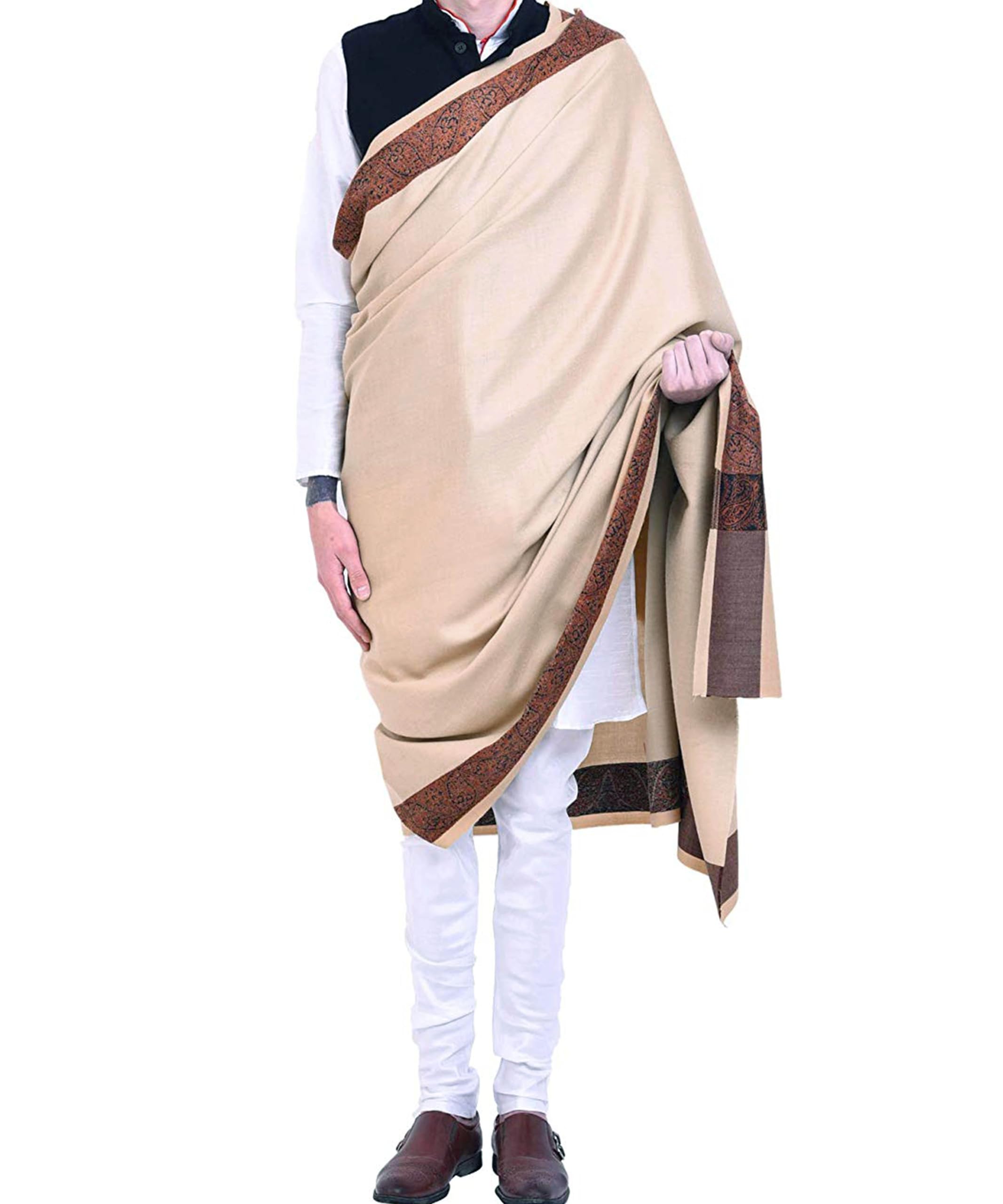 goodluck Men's Embroidered Border Kunj Pure Woollen Lohi Shawl Cream (35 x 70 Inches)-picture-38