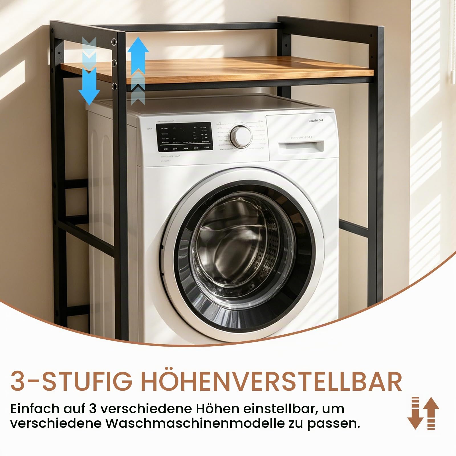 Waschmaschinenregal 3 Höhenverstellbar, Verstellbar Waschmaschine Trockner Schrank, Regal für Waschmaschine, bis 350 kg, Schrank für Waschmaschine und Trockner, 69x65x102cm (Schwarz)