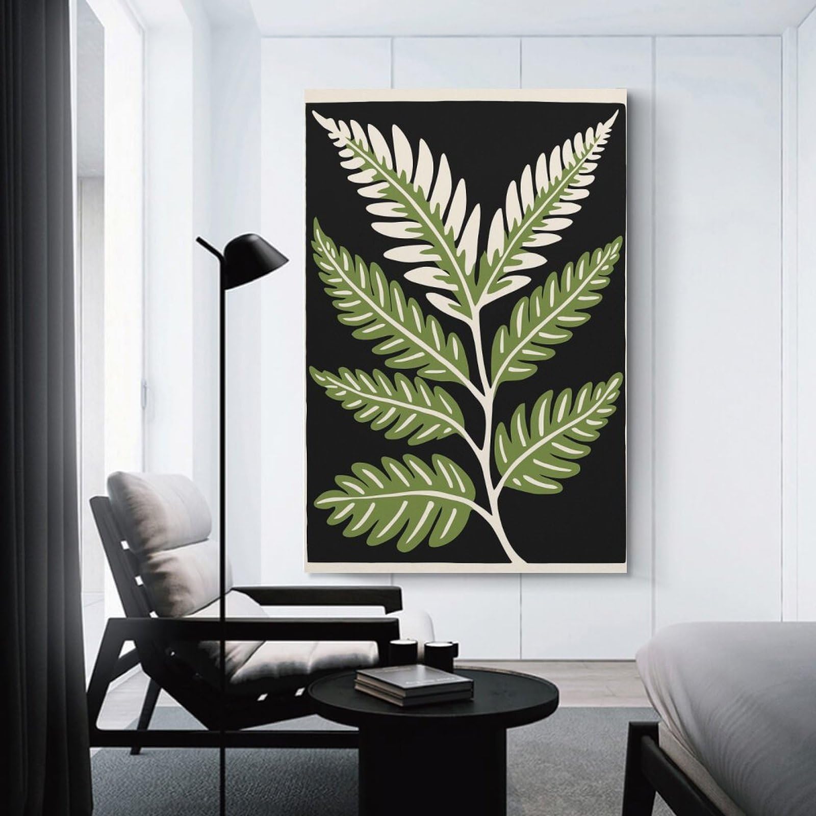 Junmoney Green Fern Leaf Illustration Canvas Wall Picture 16x24inch(40x60cm), for Picture Wall Styling in Lounge Or Bedroom, Decorative Artwork with Flexible Styling