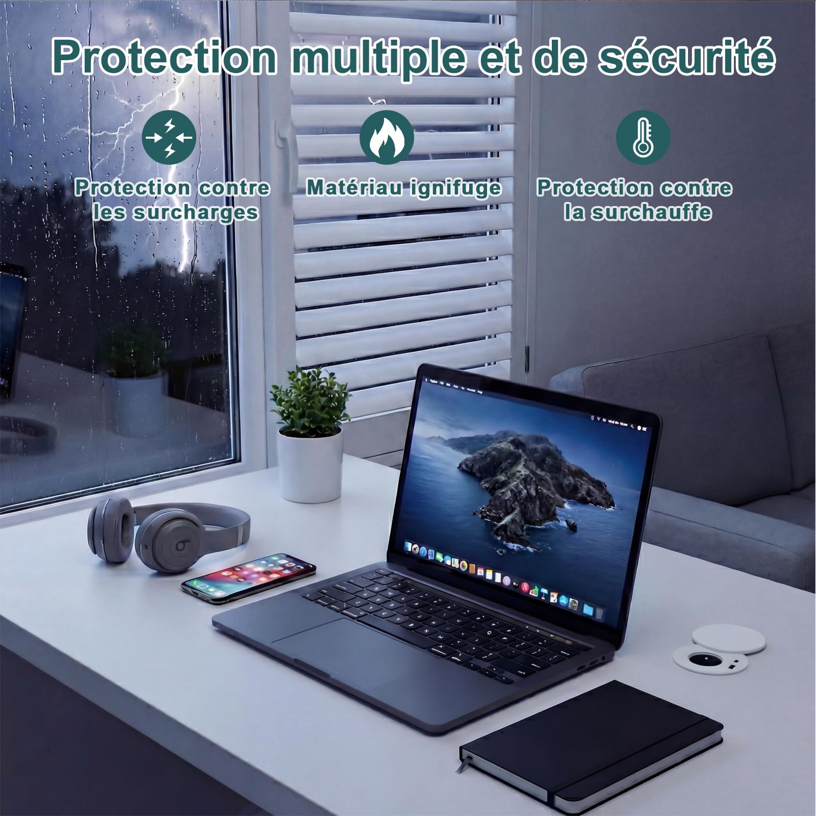 Presa da incasso, multipresa da incasso, con 1 presa, 1 porta USB C, 1 porta USB A, 80 mm di diametro, 1,5 m di cavo, presa da scrivania per cucina, ufficio, mobili, bianco