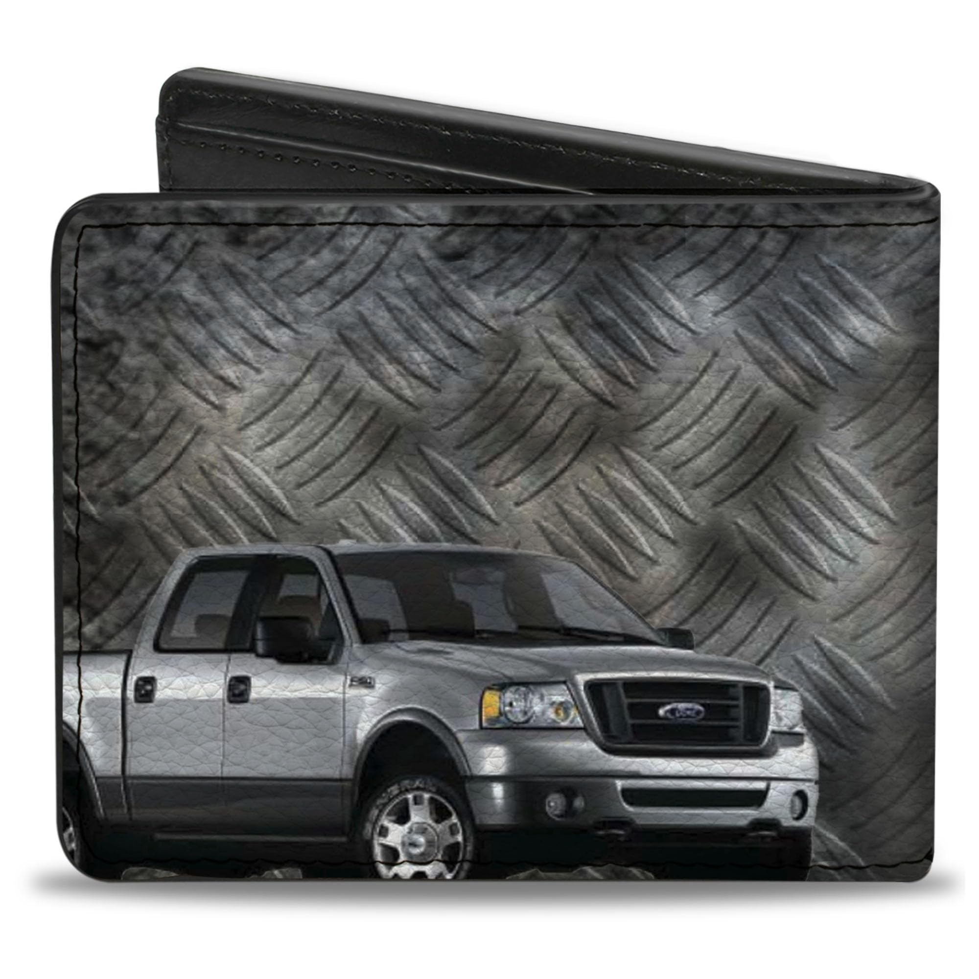 Buckle-Down Men's PU Bifold Wallet-F-150 + Ford Truck/Checker Metal Diamond Plate, Multicolor, 4.0