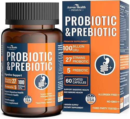 100 Billion Probiotics for Men and Women 27 Strains 5 Organic Prebiotics for Gut Digestive & Immune Health, Supports Diarrhea Gas Bloating, Non-GMO, Zero Fillers – Made in USA丨60 Caps