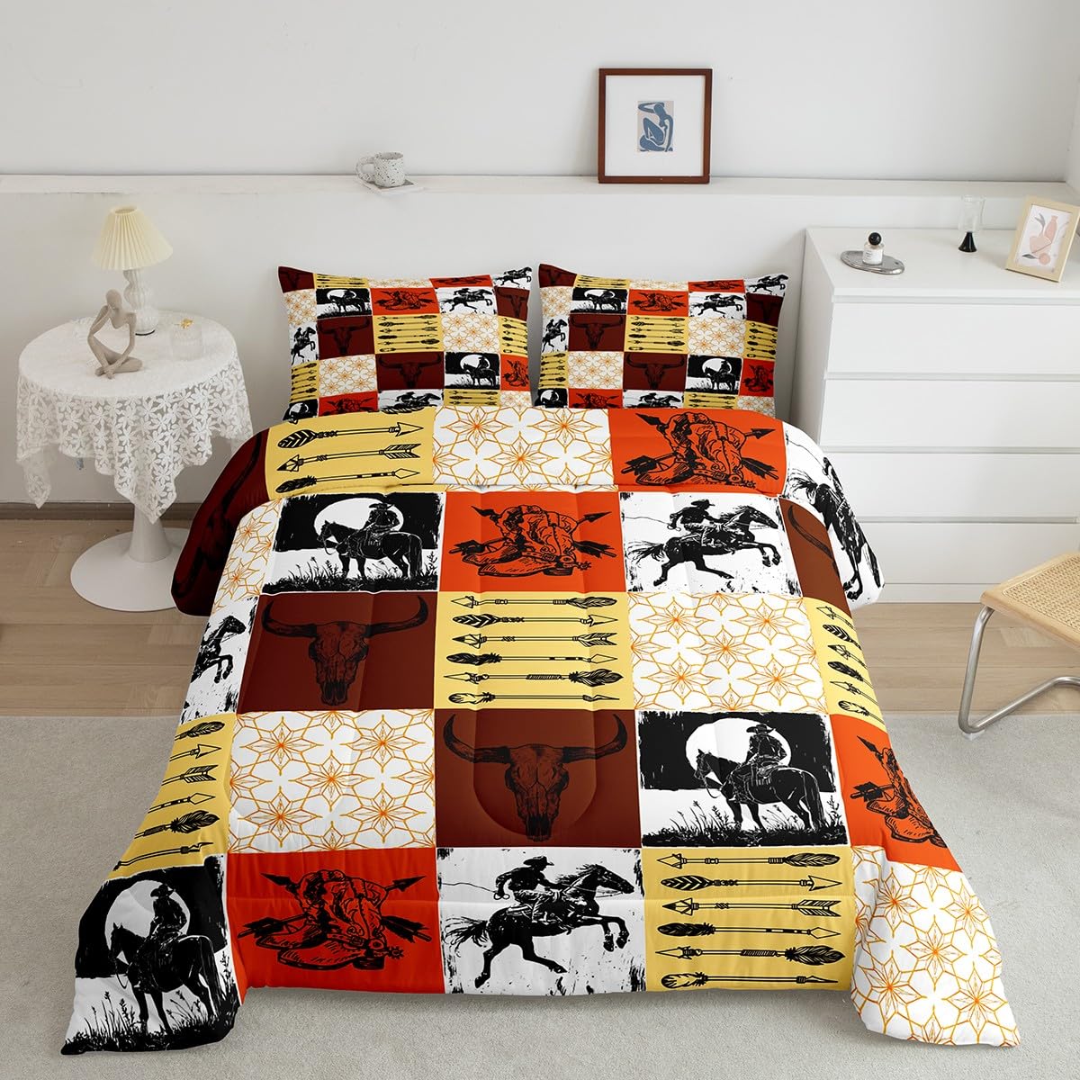 Feelyou Boys Western Bull Skull Bedding Set Kids Teens Boho Cow Longhorn Skullhead Comforter Set Queen Size Bohemian Cowboy Duvet Insert Southwest Country Ranch Room Decor