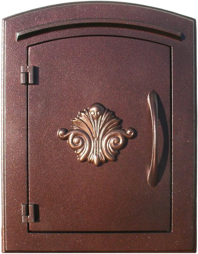 Qualarc MAN-1401-AC Manchester Column Mount Mailbox with Decorative Scroll Logo in Antique Copper