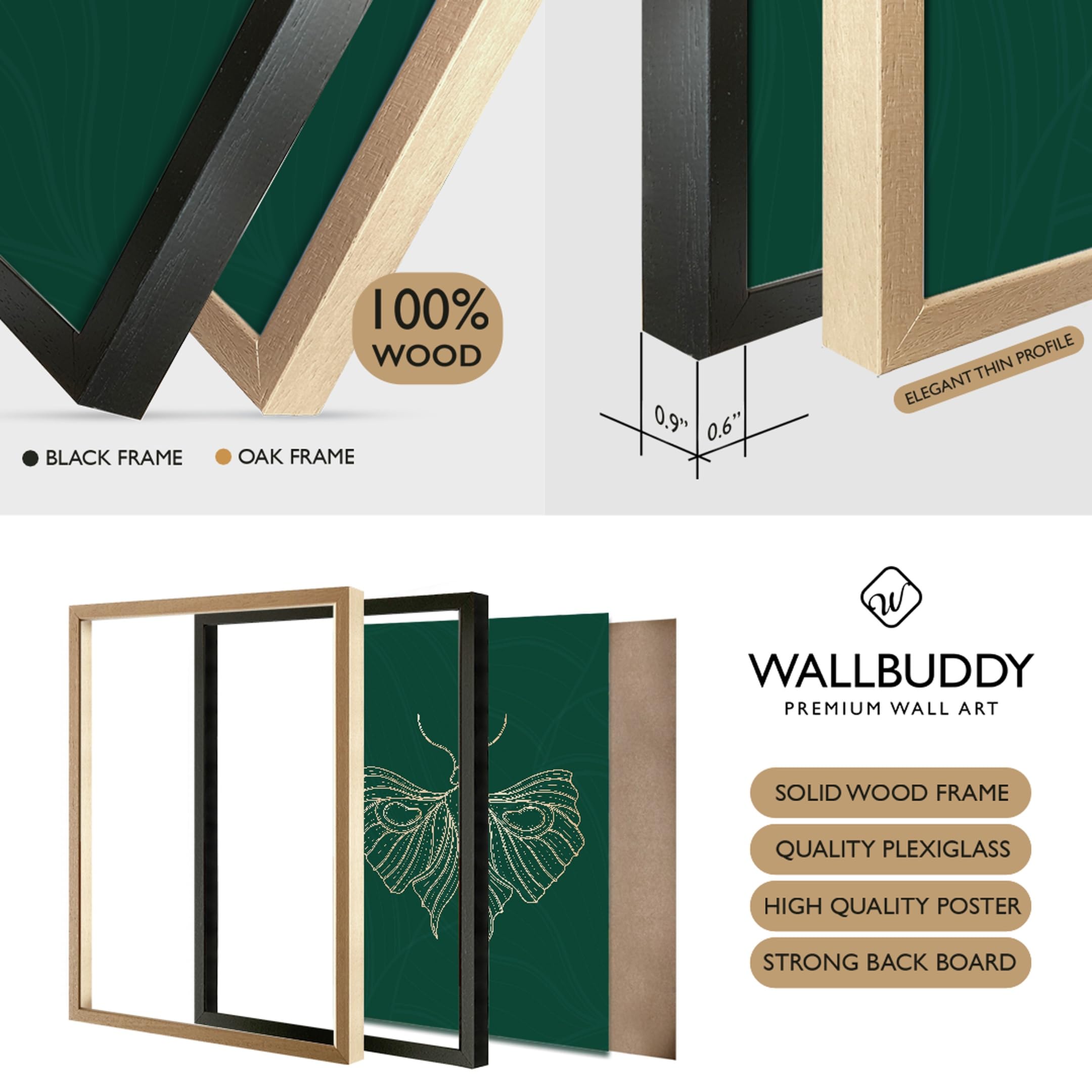 WallBUddy Motten Linienkunst Wanddruck | Elegant (60 x 90 cm, Eichenrahmen)