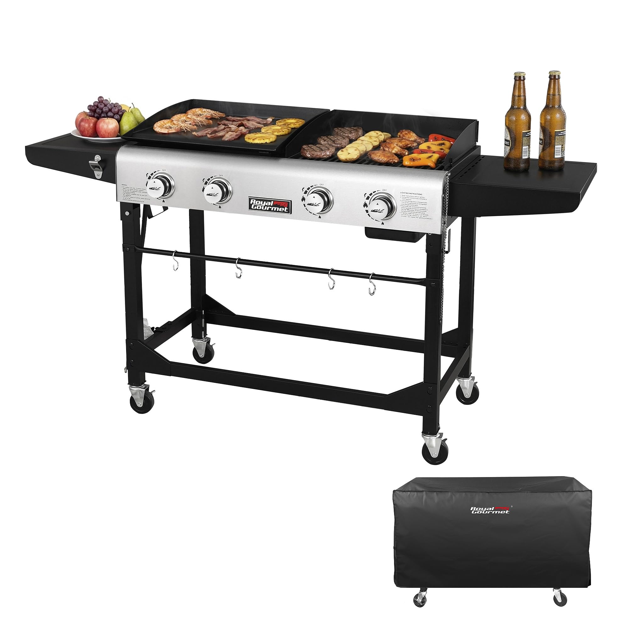 Royal Gourmet PD4001 4 Burner Propane Gas Griddle with Removable Standing Cart, Convertible to Tabletop Design, Flat Top Grill with Hood for Camping, Tailgating, Backyard, Black - view 1