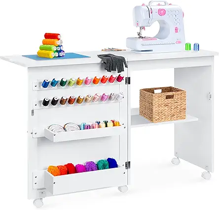 "BCP Folding Sewing Table & Craft Station with Wheels, Shelves, Bins, Pegs, Magnetic Doors - White"