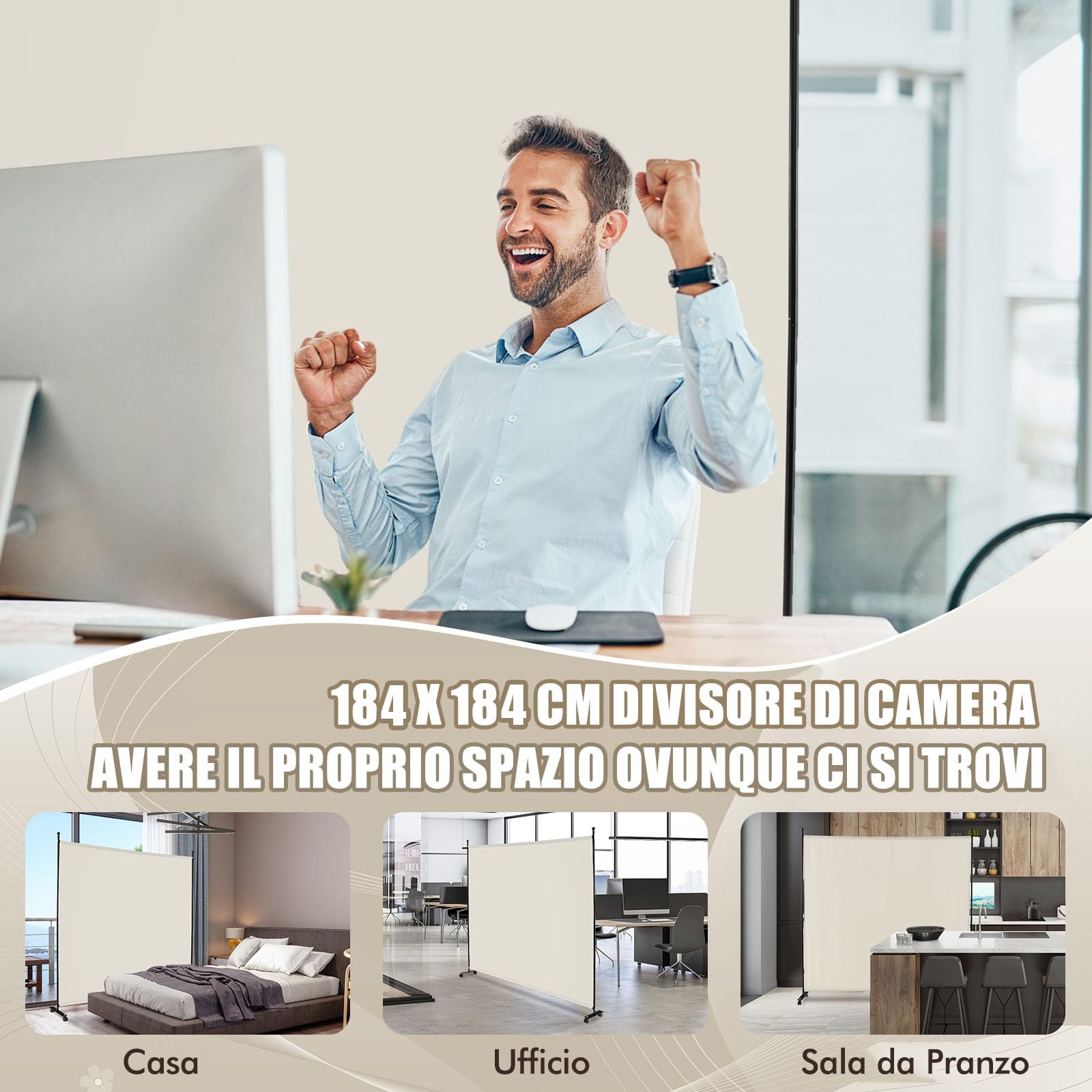COSTWAY Separé Divisorio Singolo 184 x 184 CM, Paravento da Interno ed Esterno con Ruote Bloccabili, Pannello Divisorio per Ambienti Interni Portatile da Soggiorno Camera da Letto e Ufficio (Bianco)