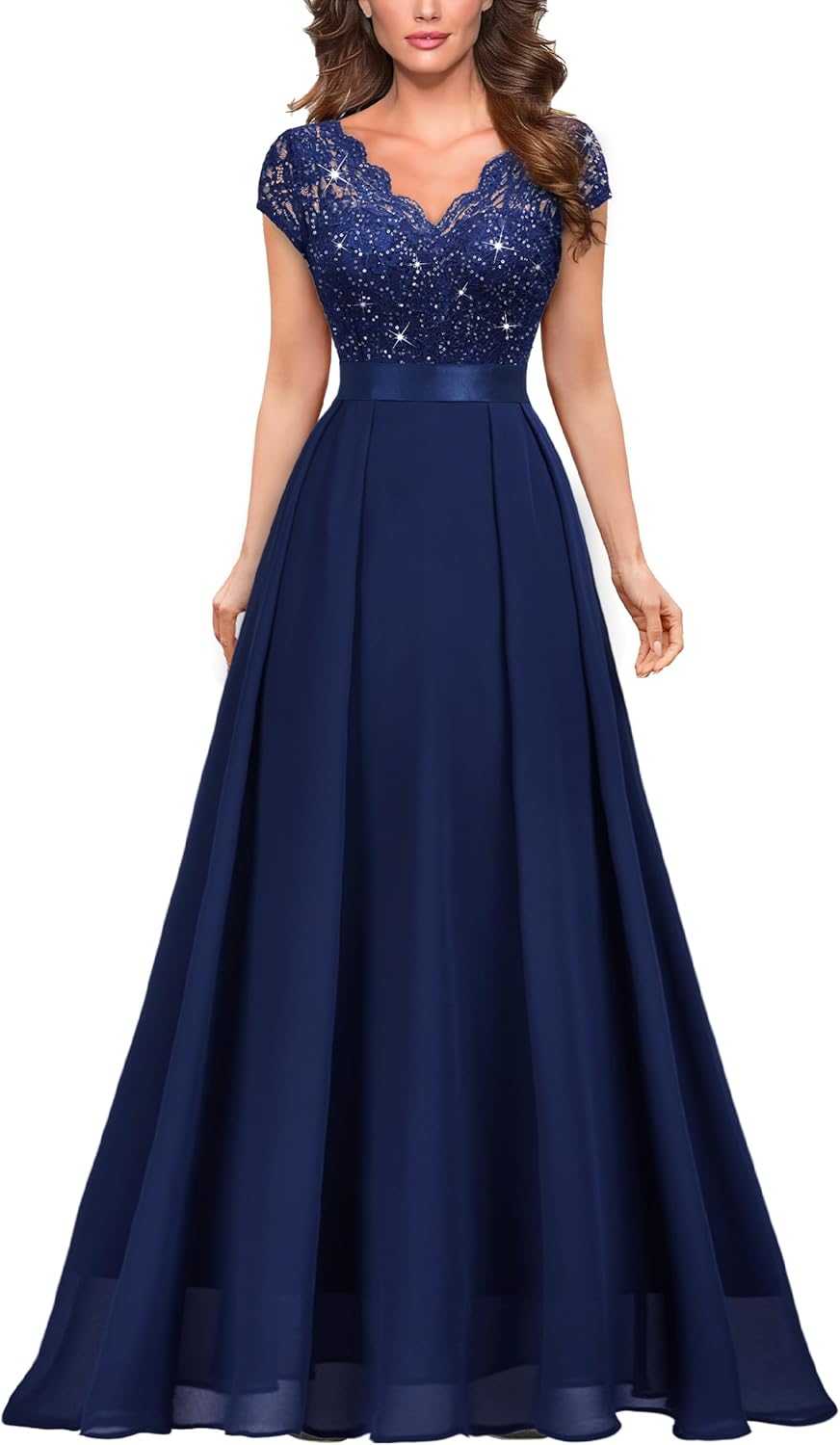 Miusol Women's Elegant V-Neck Cap Sleeve Sequined Floral Lace Formal Party Maxi Dress