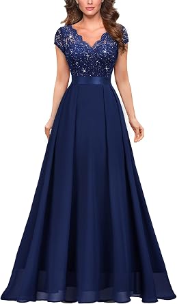 Miusol Womens V-Neck Sequined Floral Lace Formal Evening Maxi Dress