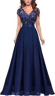 Women's Elegant V-Neck Cap Sleeve Sequined Floral Lace Formal Party Maxi Dress
