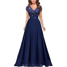 Miusol Womens Elegant V-Neck Cap Sleeve Sequined Floral Lace Formal Party Maxi Dress | Cap Sleeve, Lace Contrast Design, Flowy Hem