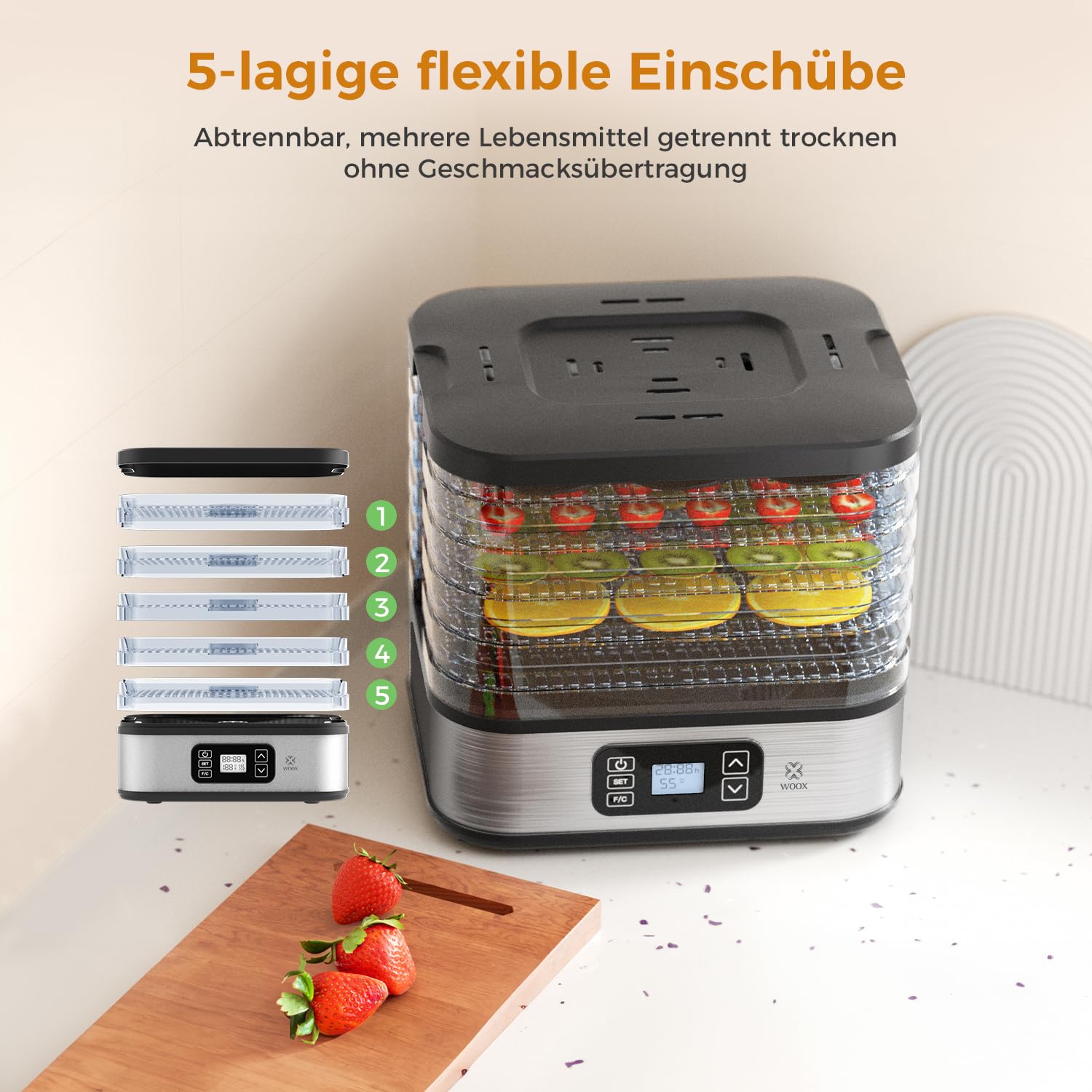 WOOX Dörrautomat, Dörrgerät mit Temperaturregler, 240W, 35-75°C, 72h-Timer, 5 Einlegefächer, Dörrautomat Edelstahl für Fleisch, Obst, Gemüse, Dehydrator - BPA frei