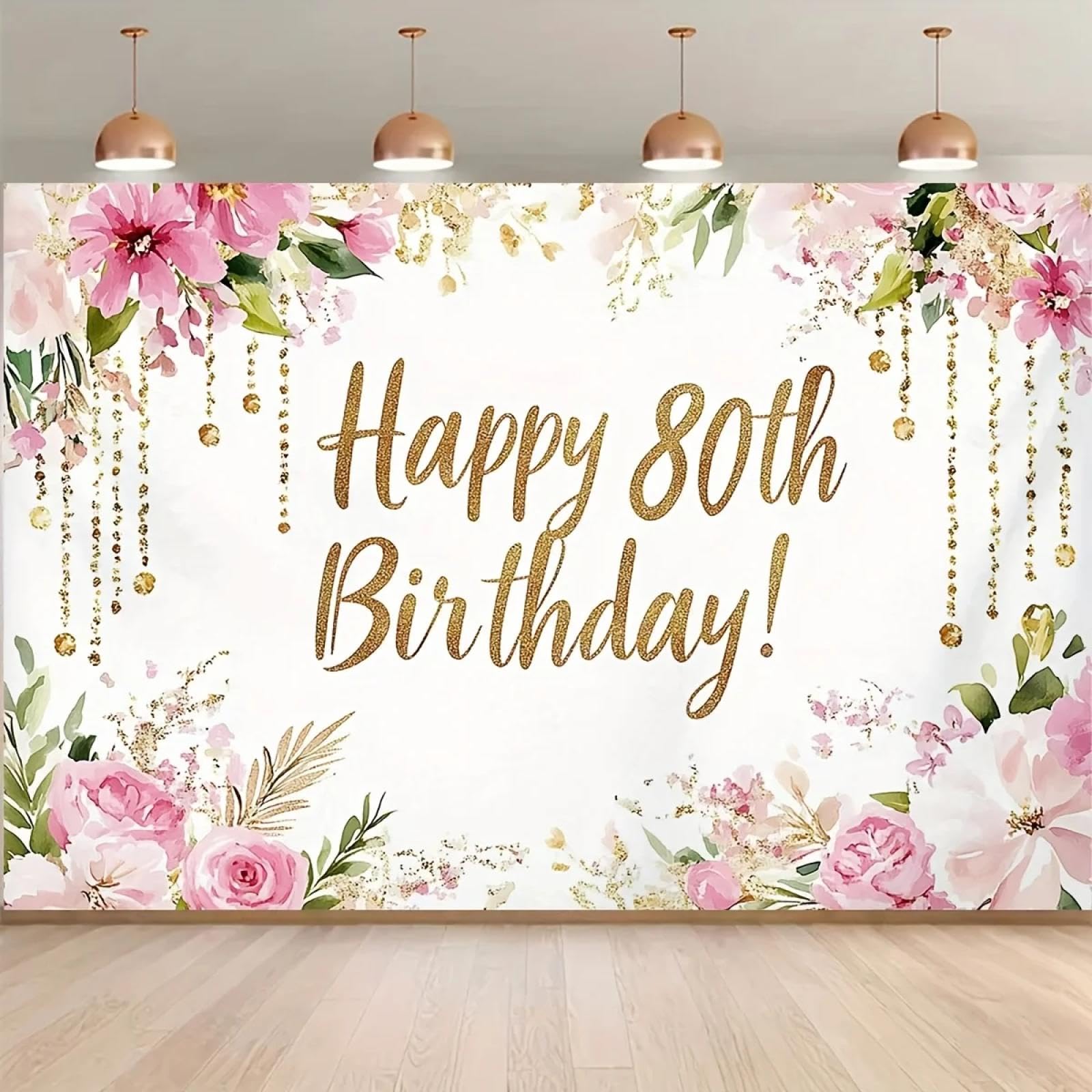 1 PC Photo Background Banner - Romantyczne złoto Happy 80th Birthday! 2D Flat Cloth Theme