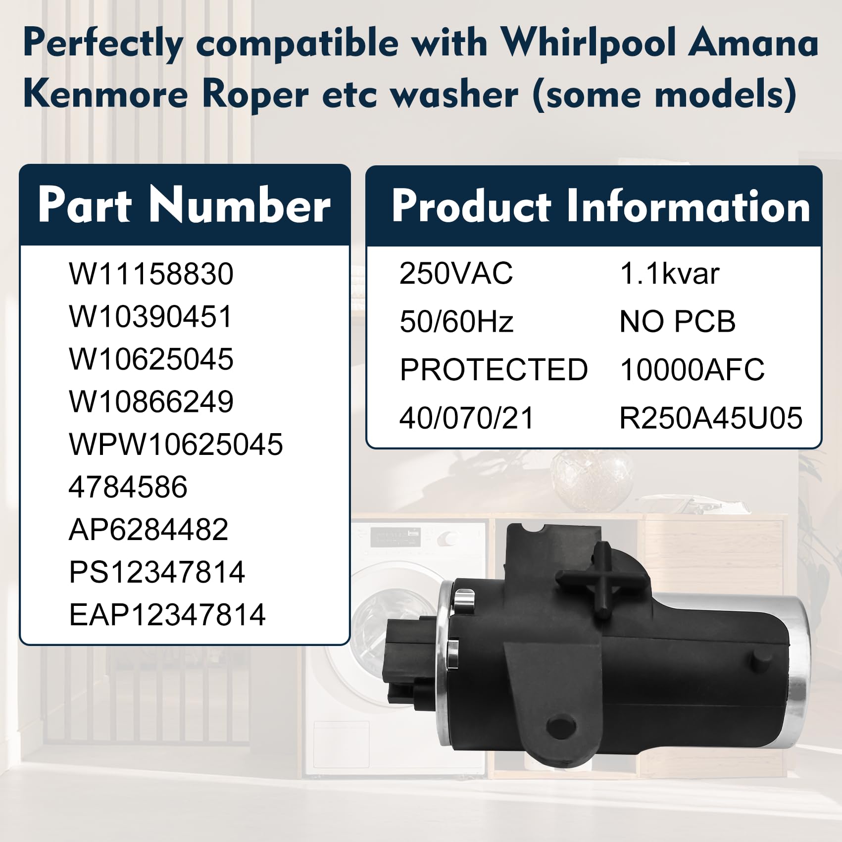 W11158830 W10625045 Waschkondensator 45uF 10000AFC 250VAC Kompatibel mit Whirlpool Amana Maytag Roper etc Unterlegscheiben (einige Modelle), ersetzt Nummer: W10390451 W10866249 WPW10625045 478 4586
