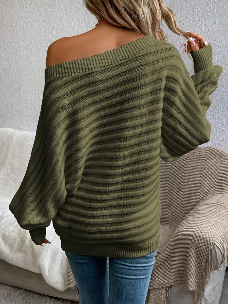 ZAFUL Womens Fall Sweaters Off The Shoulder Batwing Sleeve Textured Knit Tops Oversized One Shoulder Sweater - Image 3