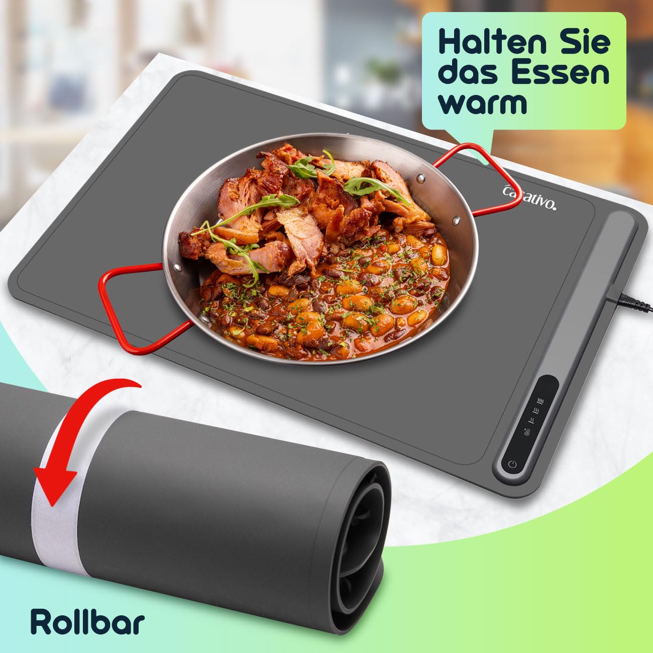 2er-Set Professionelle Silikon-Warmhalteplatte (250W): Elektrische Heizmatte (61x40cm) rollbar, 55-100°C einstellbar, Flexibles Warmhalten von Speisen
