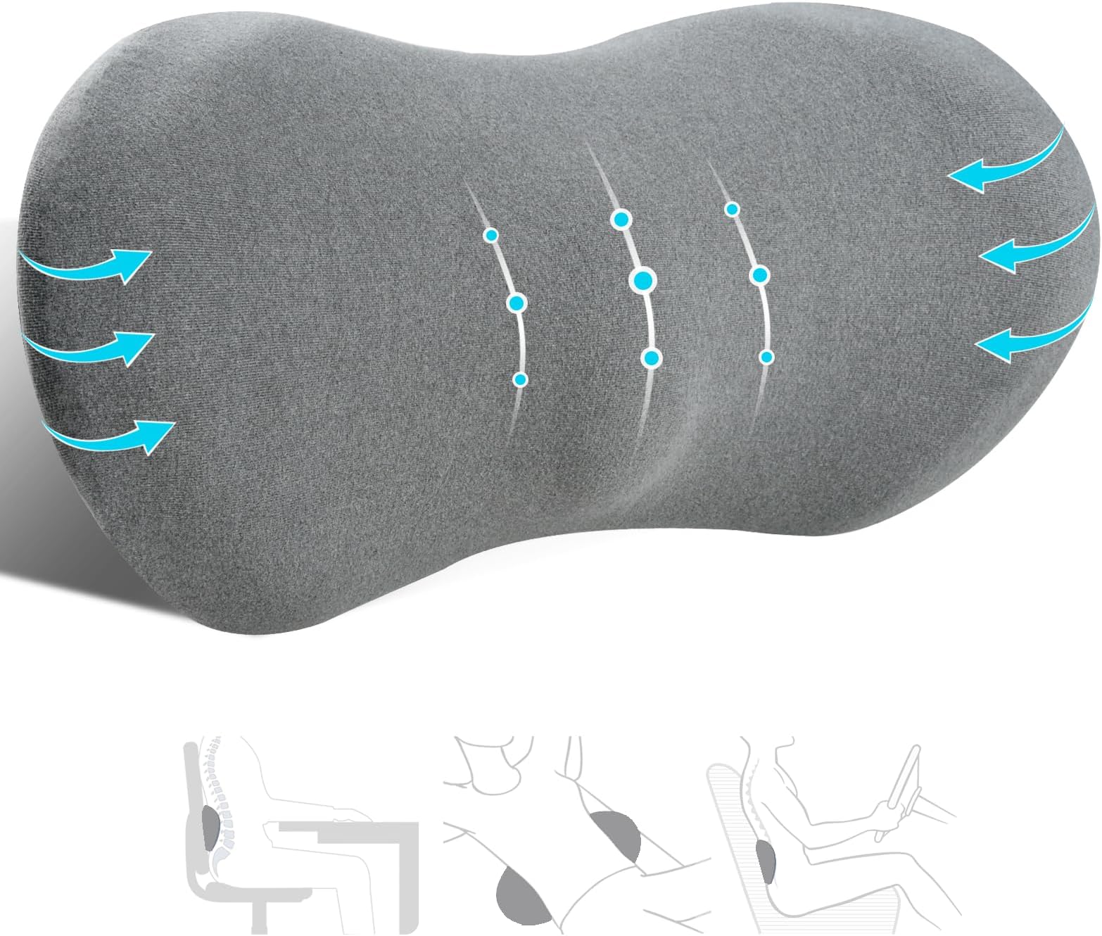 kasney Lumbar Support Pillow for Office Chair and Car Seat, Neo Cushion for Low Back Pain Relief, Memory Foam Back Support Pillow for Gaming Chair, Recliner and Bed (Dk Grey, Cotton)