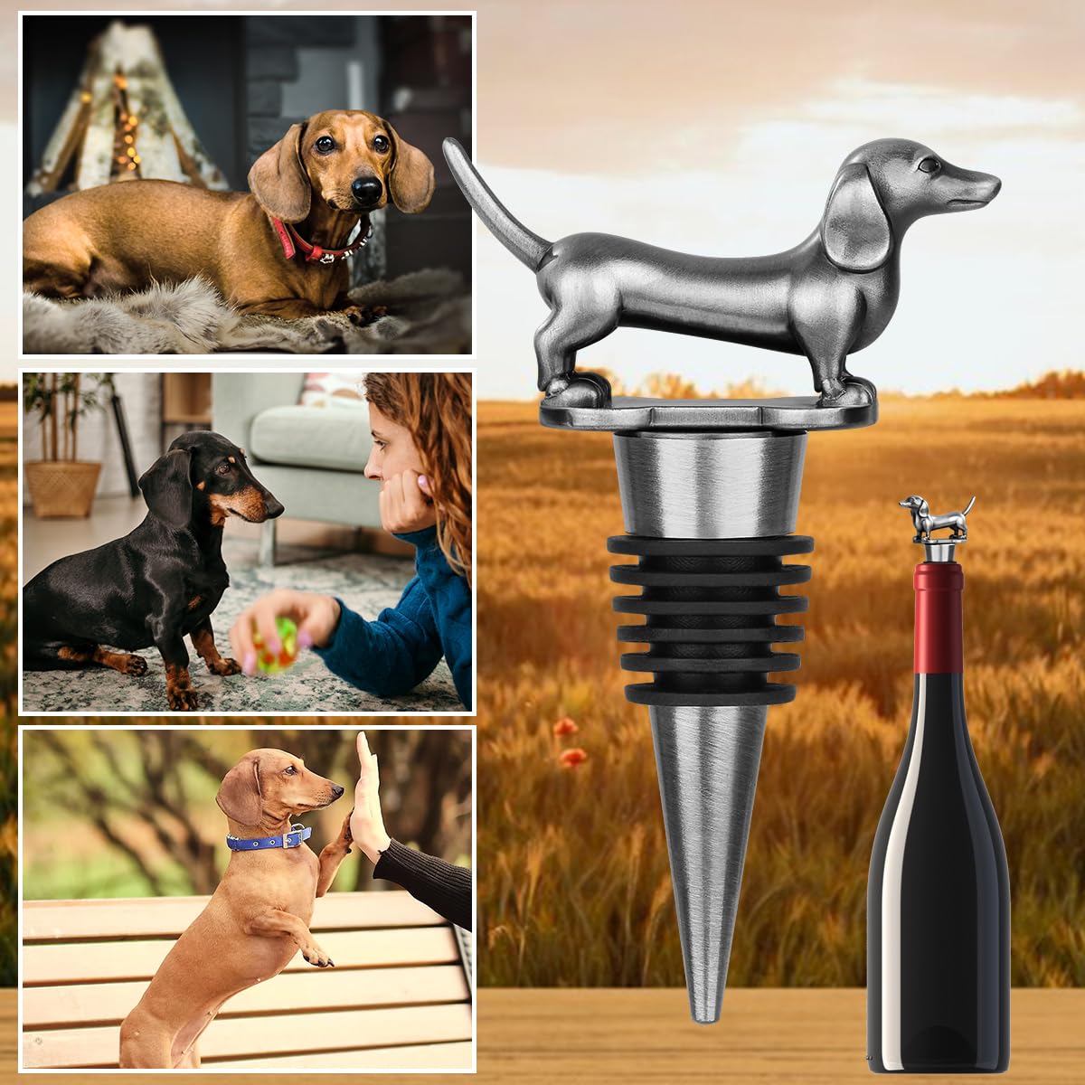 Dachshund - Tapón de botella de vino para vino champán, regalos de perro salchicha, regalos de vino para hombres, papá, mujeres, amantes de los perros de salchicha, regalos de cumpleaños 5