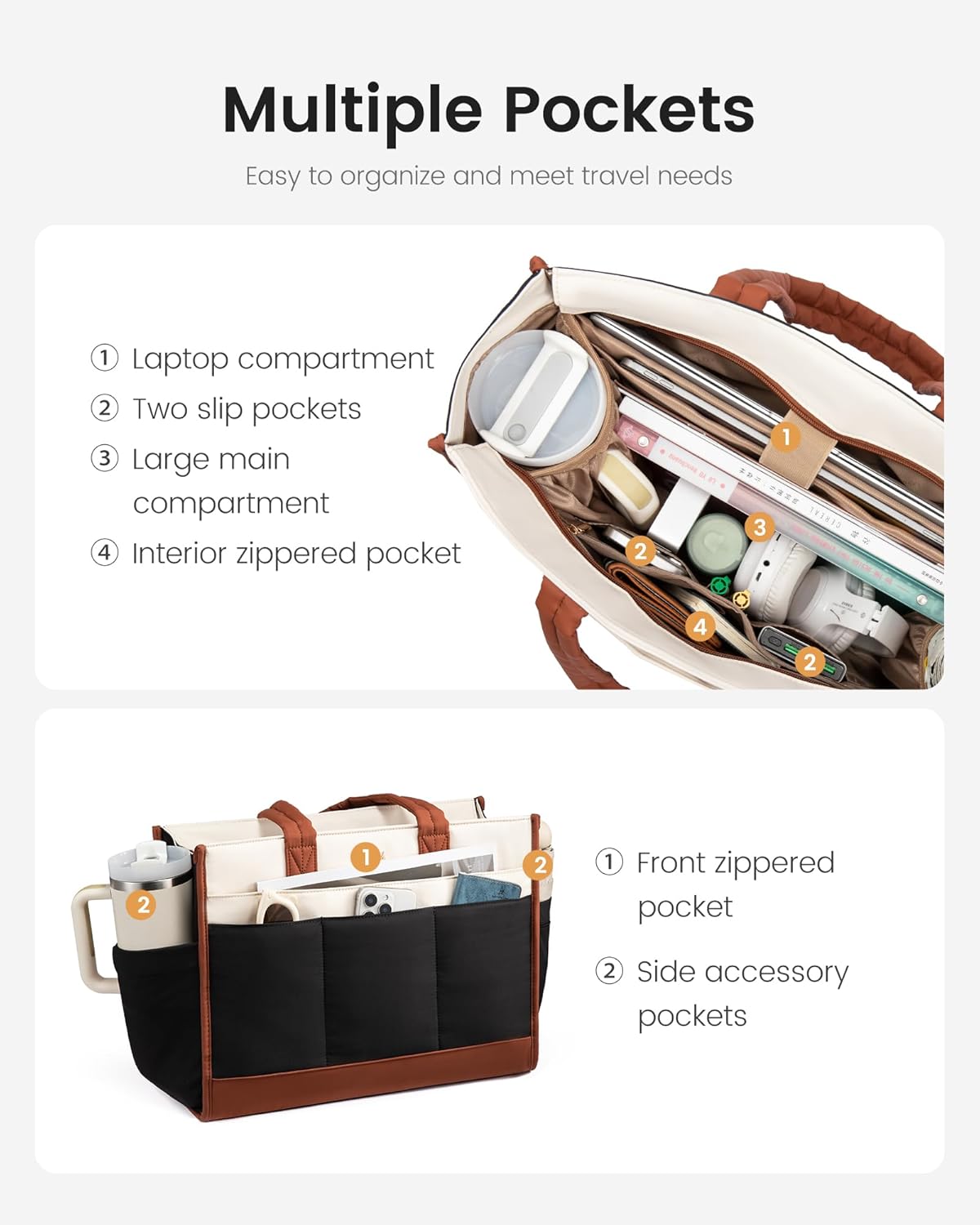 LOVEVOOK Tote Bag for Women, Puffer Laptop Handbag Work Purse 15.6 Inch for Teacher Nurse, Large Quilted Travel Tote Shoulder Bag with Zipper for College Office Clinical Gym, Cream-Black-Brown - Image 3