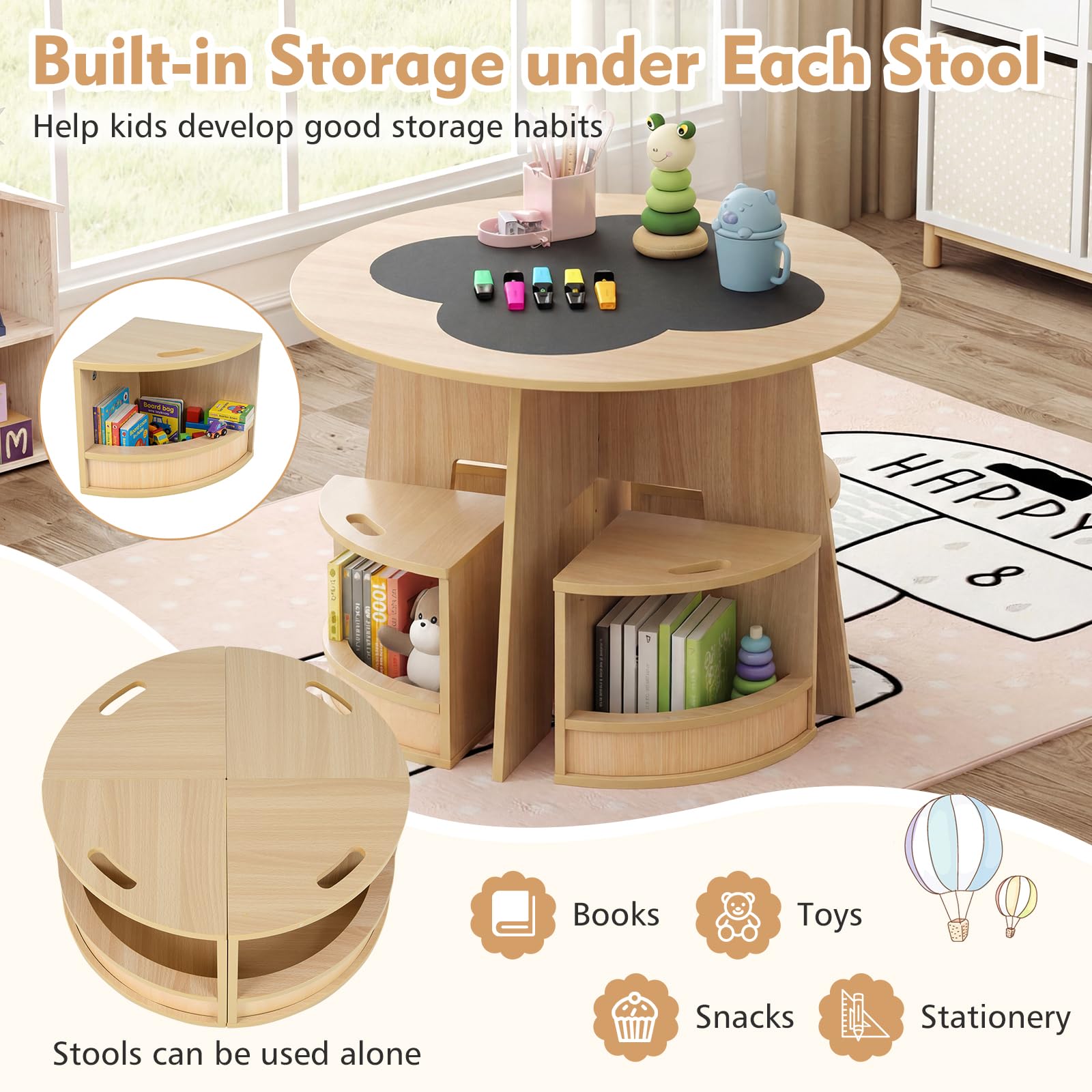 FANTASK 5-TLG. Kindertisch Stuhl Set Rund, Holztisch mit 4 Stauraumhockern, Maltisch für Kinderzimmer, Sitzgruppe ab 3 Jahren (Natur)