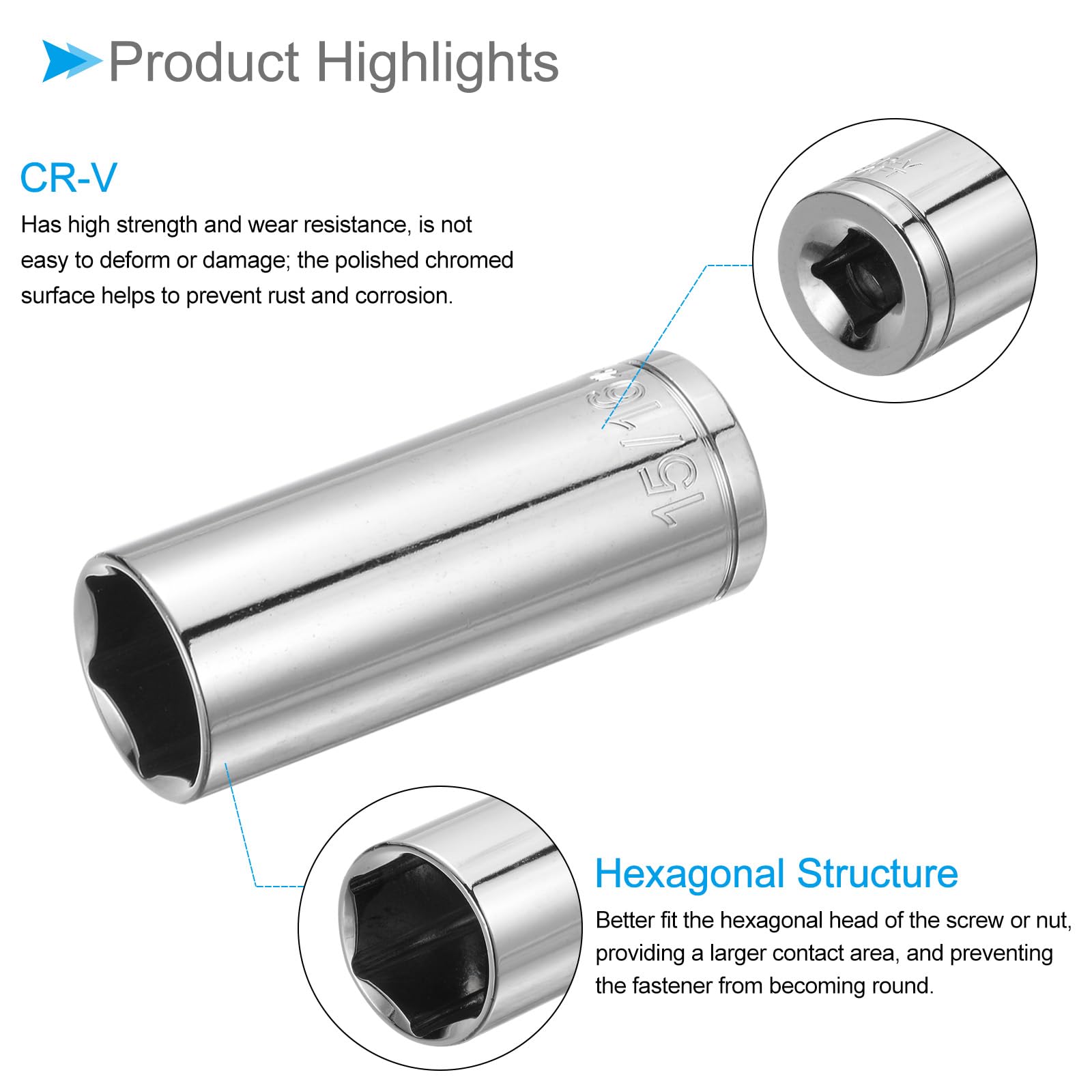 CoCud 6-Point Socket, 1/2" Drive 15/16 Deep, Mirror Chrome Plating CR-V SAE Deep Impact Socket - Image 4