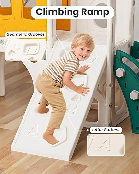 Large Plastic Kids Slide with Ladder, Platform, Crawling Tunnel, Climbing Ramp, Basketball Hoop & Toy Telescope, Indoor & Outdoor Activity Playset for Toddlers & Preschoolers(Green)