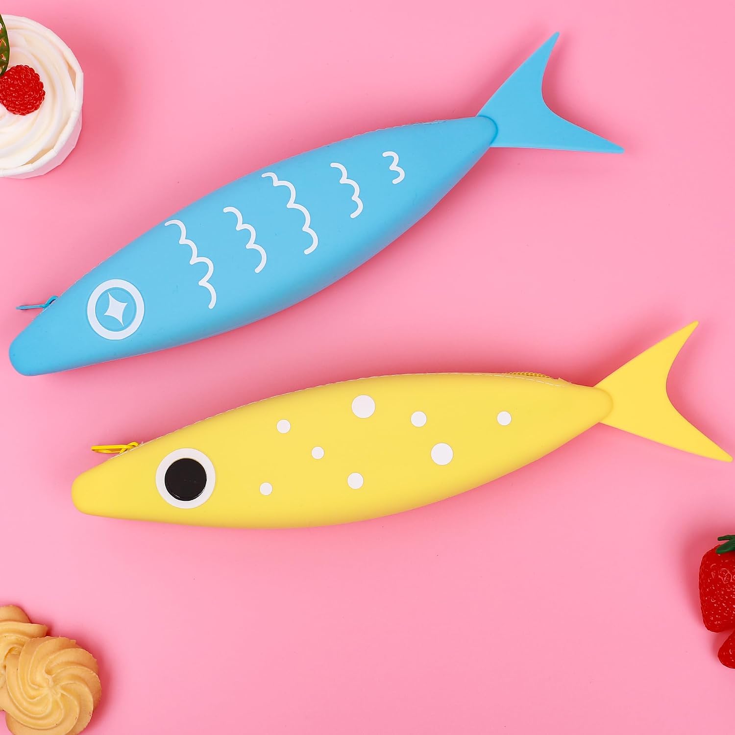 2 Pack Fish Shaped Pencil Case Set Flexible Silicone Pen Holder for Artists, Cute Zipper Organizer, Waterproof Bend Proof Storage Pouch, Easy Clean Reusable for Office Travel