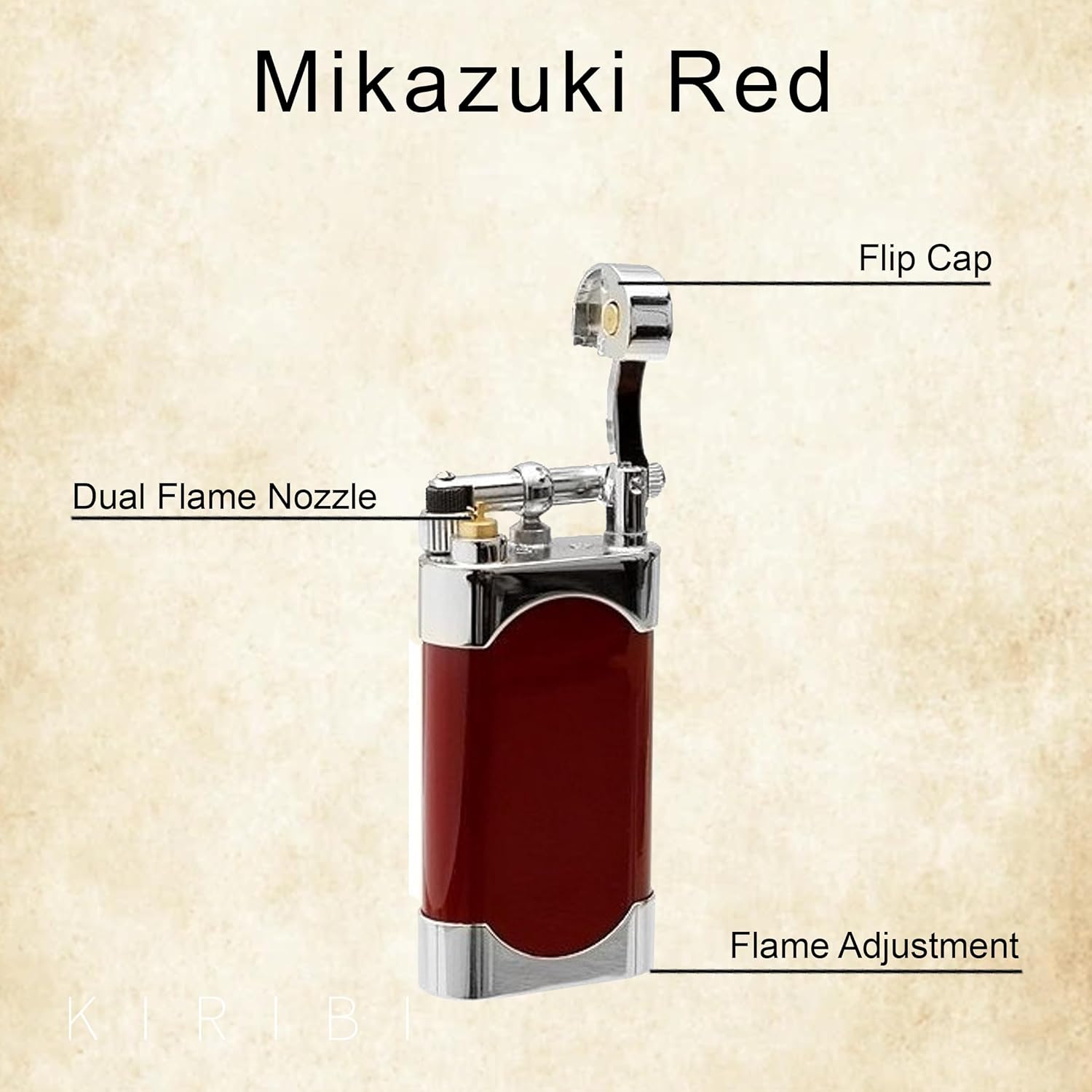 Mikazuki Japanese Dual Flame Pipe Lighter - Refillable, Angled & Adjustable Soft-Flame, Travel Friendly, Small Pocket Size, Flip Top, Uses Butane (Red)
