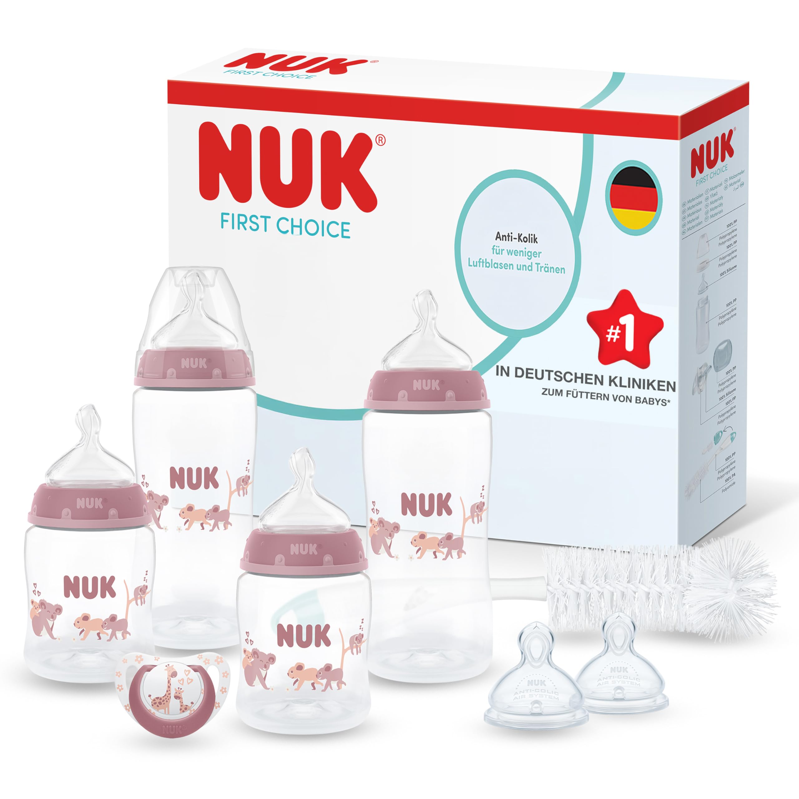 NUK First Choice Perfect Start Babyflaschen-Set | 0–6 Monate | 4 x Anti-Kolik-Trinkflaschen (150 ml, 300 ml), 2 x Sauger, 1 x First Choice Schnuller, 1 x Flaschenbürste | Koala | 8-teilig