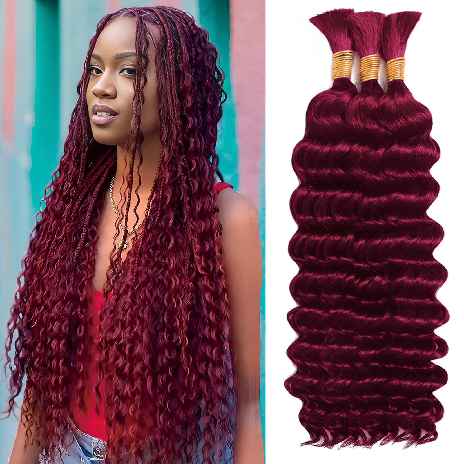 Human Braiding Hair for Boho Braids Human Hair 3 Bundles/Pack 110g 22 Inch Deep Wave Bulk Human Hair for Braiding Curly Knotless 12A Brazilian Virgin Burgundy