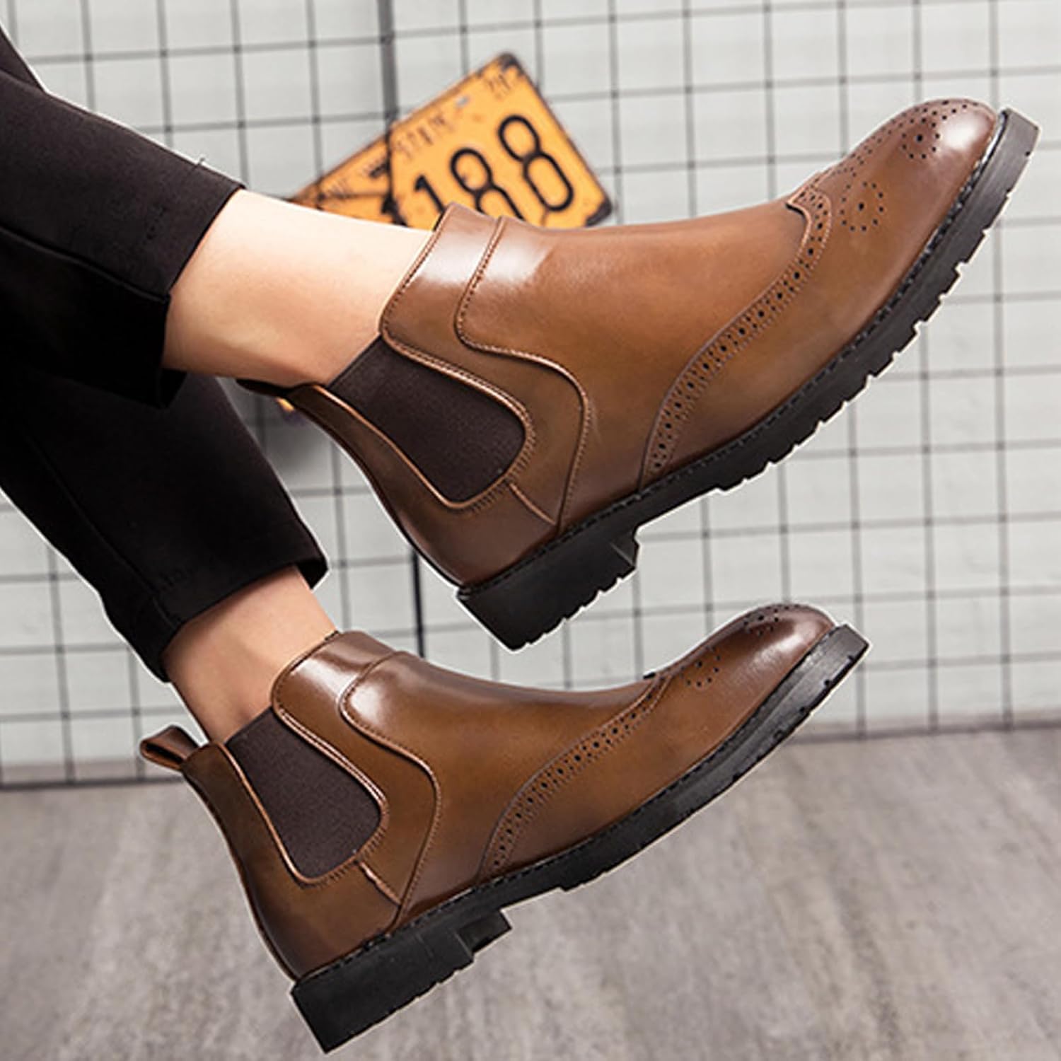 Chelsea Short Boots Leder Retro Brogue Chukka Stiefeletten Elastische Slip-on Formal Dress Boots, Brown, 5.5 UK