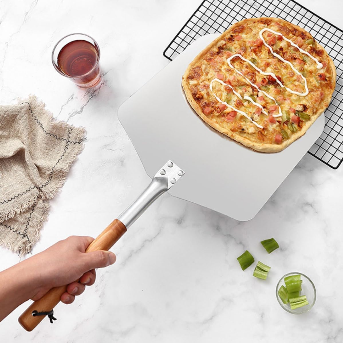 Aluminum Pizza Peel with Wood Handle for Kitchen Baking Use