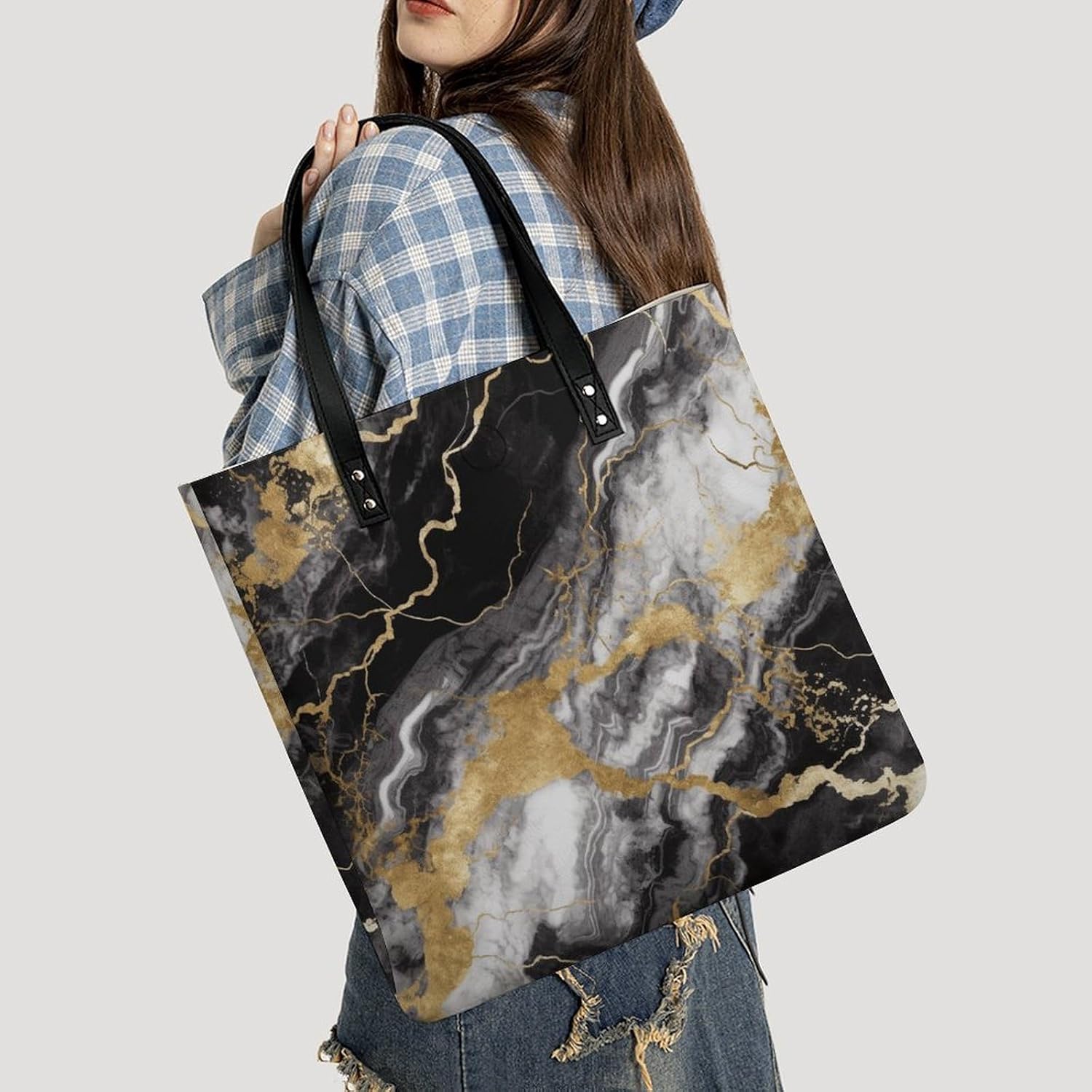 Black White Gold Foil Marble Tote Bag with Magnetic Buckle Reusable Grocery Bags Lightweight Cross Body Handbag for Daily Essentials