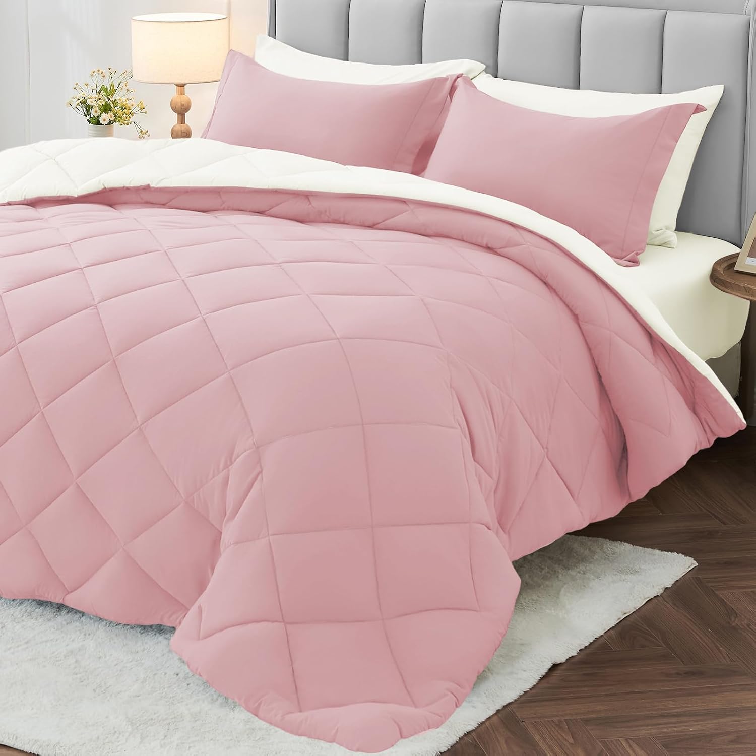 MUXHOMO 7 Pieces Queen Comforter Set, Reversible Bed in a Bag Queen Size, All Season Bedding Set with Comforter, Flat Sheet, Fitted Sheet, Pillowcases & Shams, Light Pink & Ivory