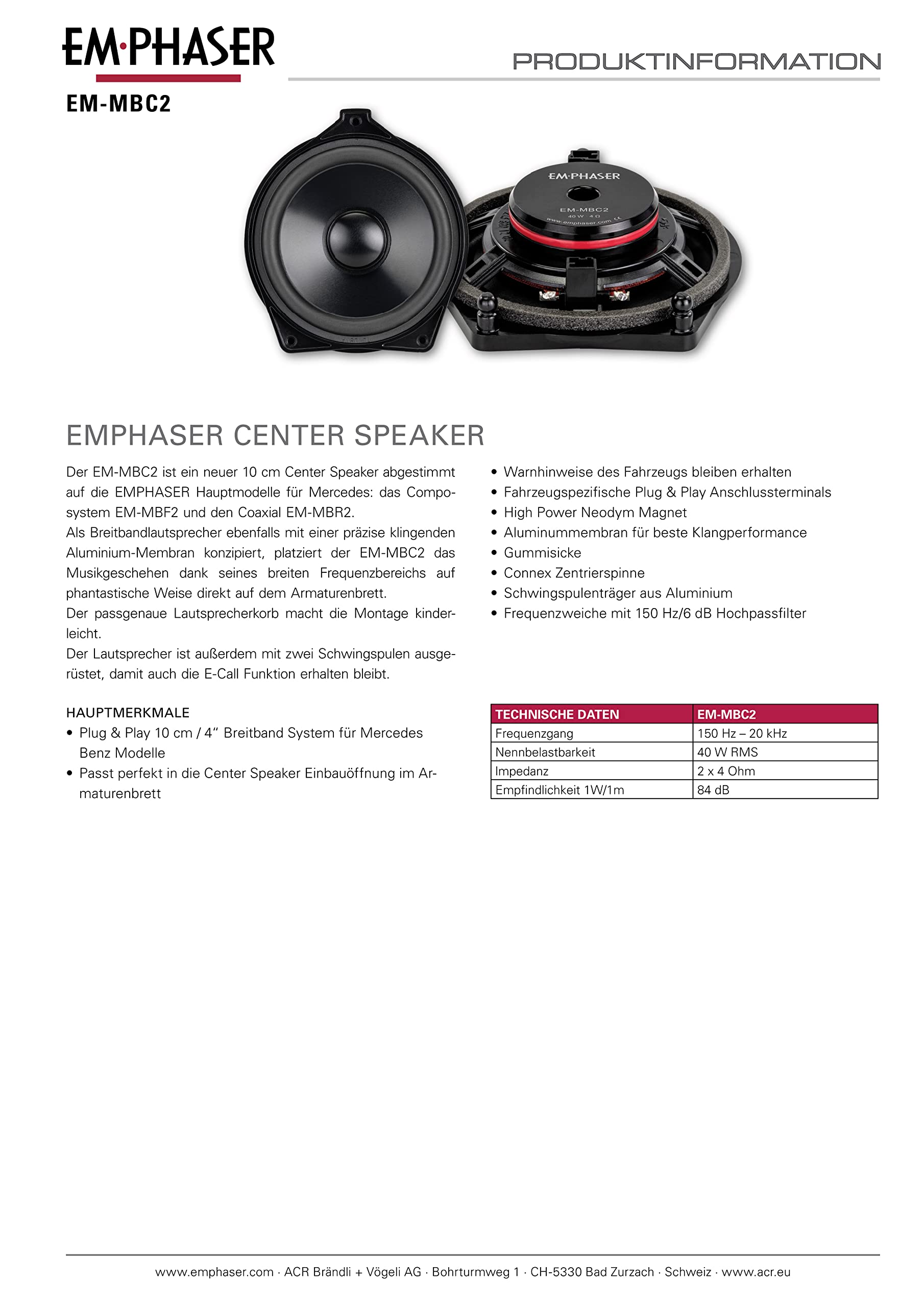 EMPHASER EM-MBC2 – 10 cm Center Speaker, kompatibel mit Mercedes-Benz | Klangstarker 4 Zoll Plug & Play Breitband-Zentrallautsprecher für den Einbau im Armaturenbrett, E-Call fähig, 1 Stück