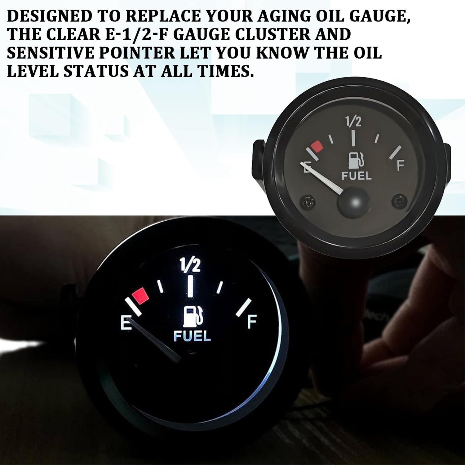 Universal Fuel Gauge for Boat Car Yacht Truck Motorcycle, 2" 12V E-1/2-F Pointer Marine Fuel Gauge Kit with Nut & Bracke, 240-33 Ohm LED Backlight Gas Fuel Tank Meter Oil Level Gauge Cluster