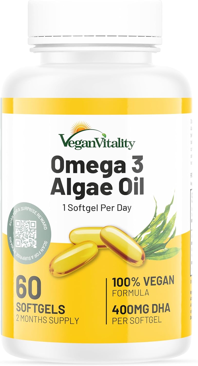 Omega 3 Algae Oil : 400mg DHA – for Heart, Joints, Brain Health, High Strength 60 Softgel Tablets, 2 Months Supply. Vegan Vitality’s Algae Omega 3 – Vegans, Vegetarians DHA Supplement