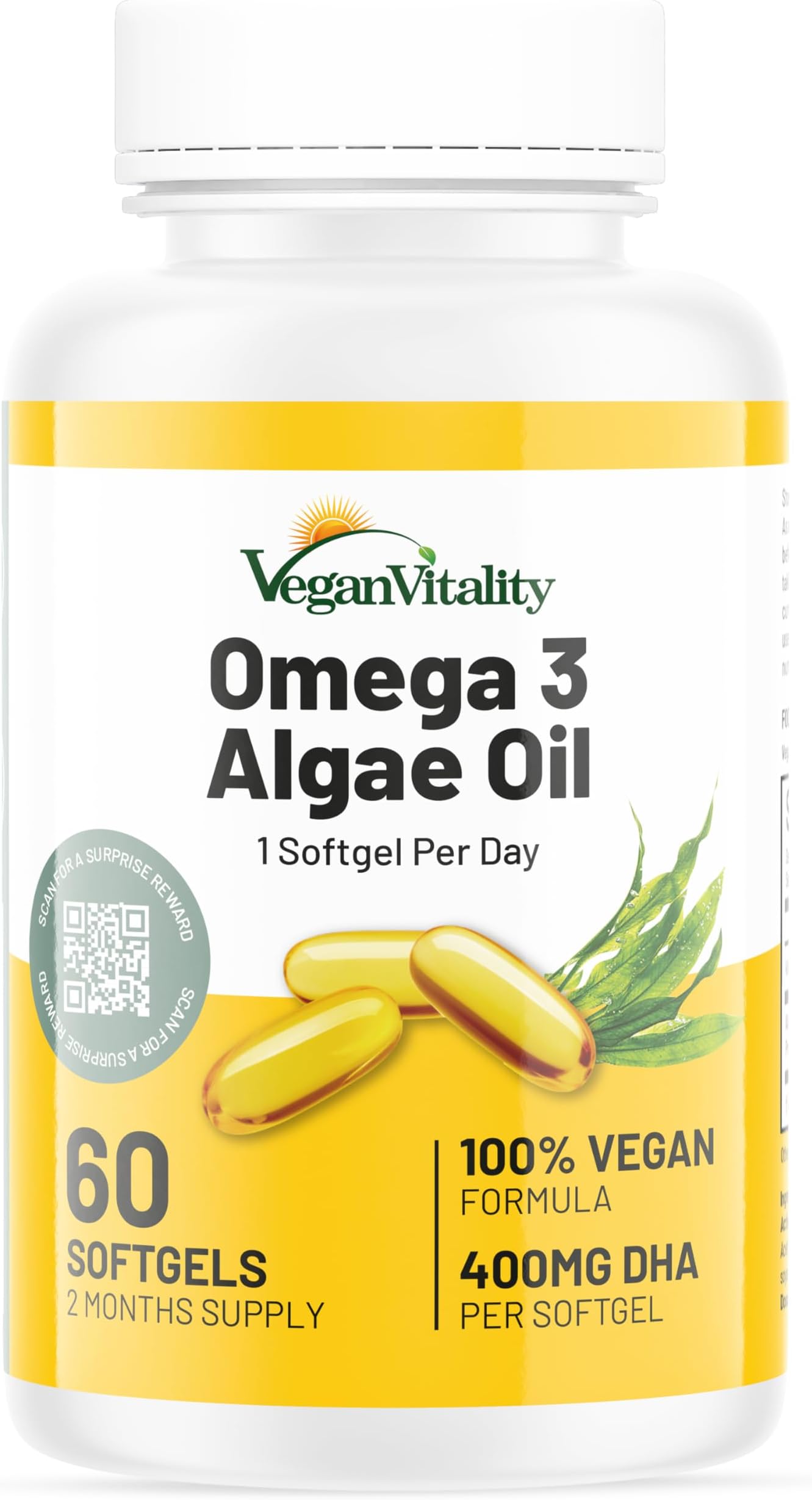 Vegan Vitality Vegan Omega 3 Supplement - 60 Plant Based Carrageenan Free Algae Oil Soft Gels Essential Fatty Acids with Vegan DHA for Joint, Heart & Immune Support. Fish Oil Alternative Without EPA.…