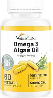 Omega 3 Algae Oil : 400mg DHA - for Heart, Joints, Brain Health, High Strength 60 Softgel Tablets, 2 Months Supply. Vegan Vitality's Algae Omega 3 - Vegans, Vegetarians DHA Supplement