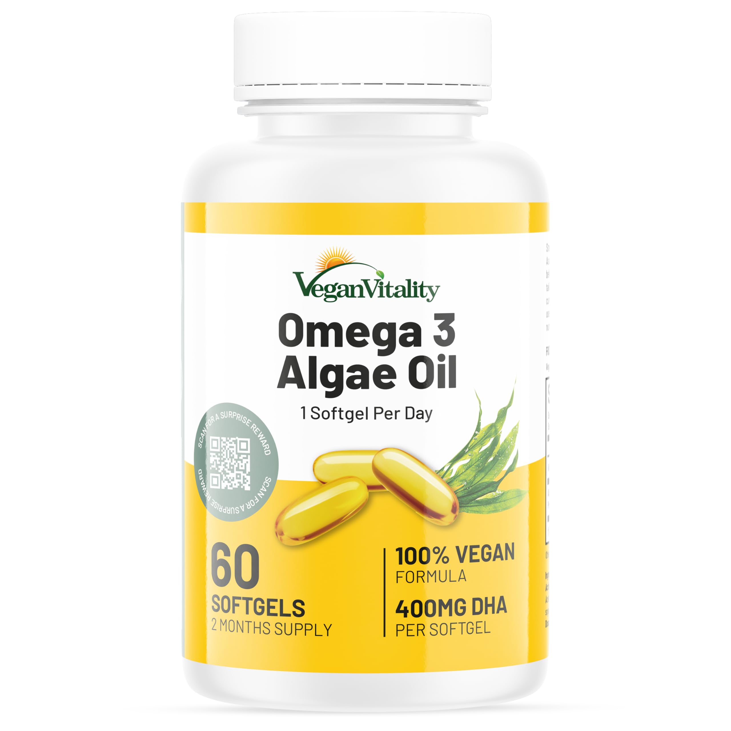 Vegan Vitality Vegan Omega 3 Supplement - 60 Plant Based Algae Oil Soft Gels Essential Fatty Acids with Vegan DHA for Joint, Heart & Immune Support Without EPA