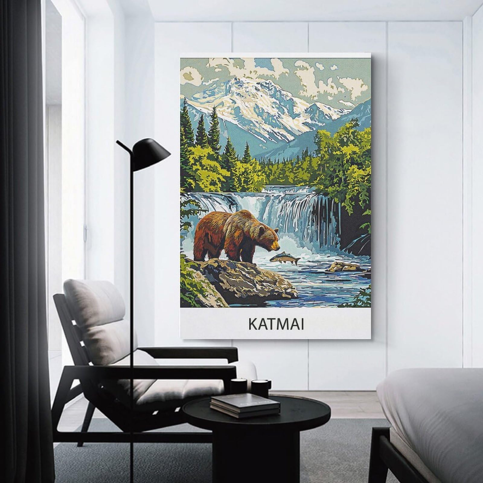 Junmoney Katmai Bear & Waterfall Home Decor Wall Art 12x18inch(30x45cm), for Restful Interiors, Bedrooms Or Small Rooms, Decorative Wall Art for Cosy Rooms