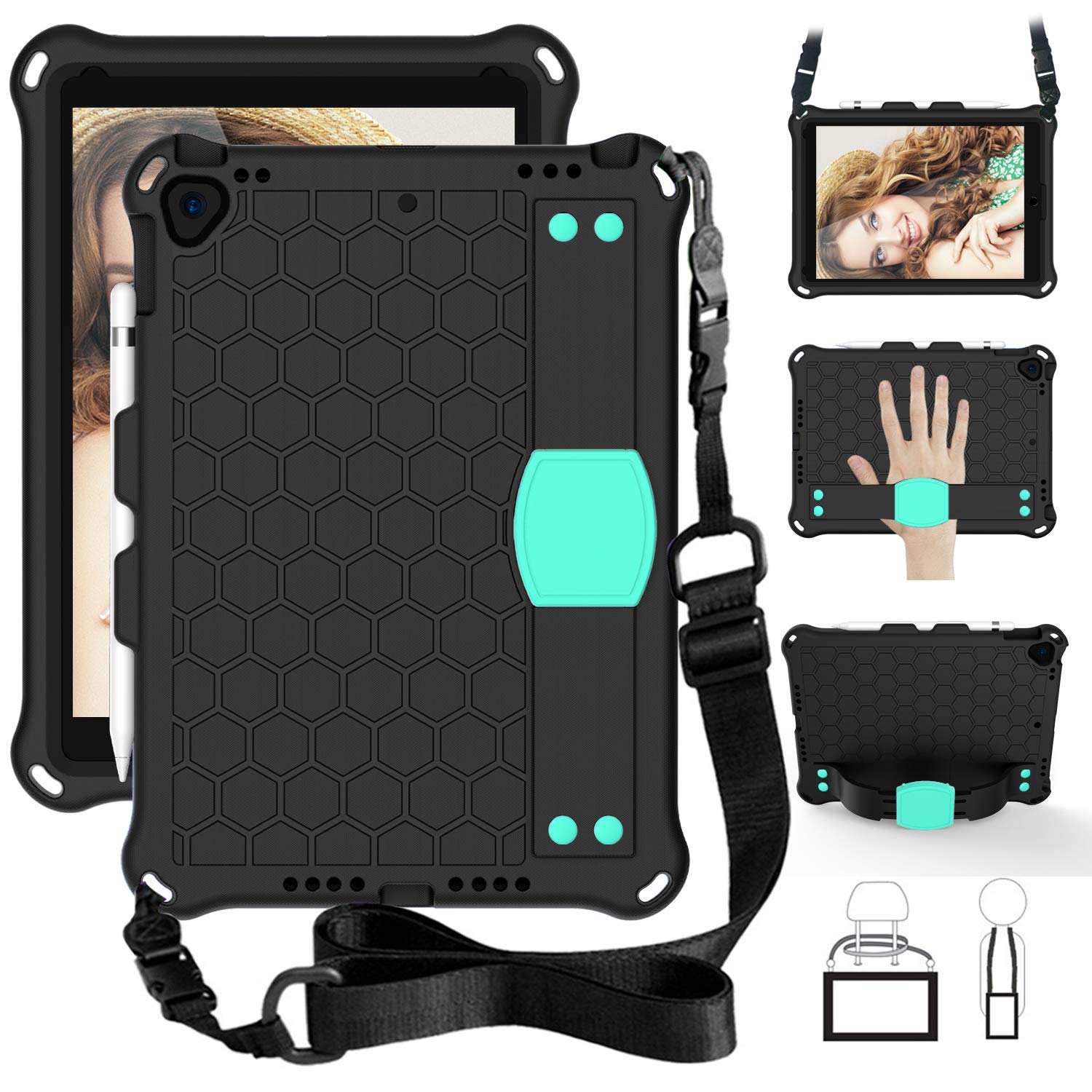 Case for iPad Pro 12.9 Inch 6th/5th/4th/3rd/2nd/1st Gen 2022-2015, Heavy Duty Shockproof Full-Body Protective Cover with Hand Strap & Shoulder Strap, Kickstand, Pencil Holder (Black+Aqua,Case)