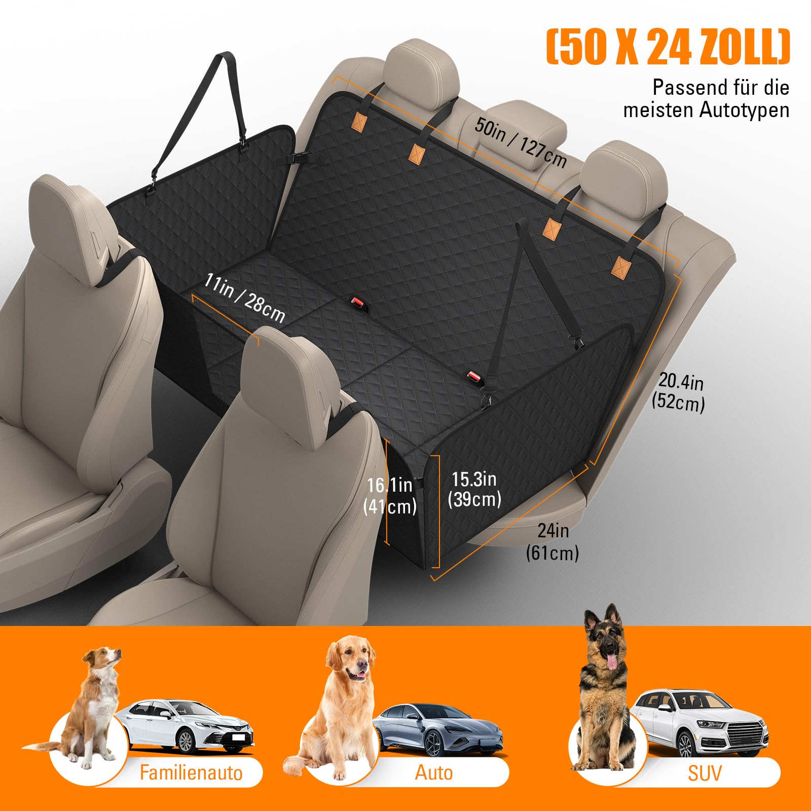 Hundedecke Auto Rückbank[127x62cm],Wasserdicht,Kratzfest mit Hartschale (300 Pfund Traglast),Rücksitzschutz für SUV & Familienauto,Abnehmbar, Waschbar mit Belüftungsnetz & Tasche (Schwarz)